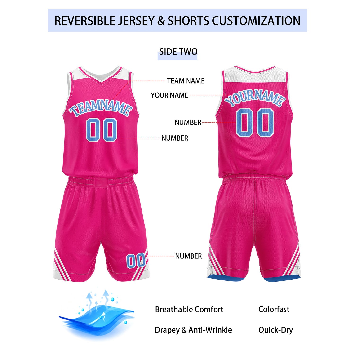 Custom Reversible Blue Pink Basketball Uniform Set | Team Name & Number - Vosoli