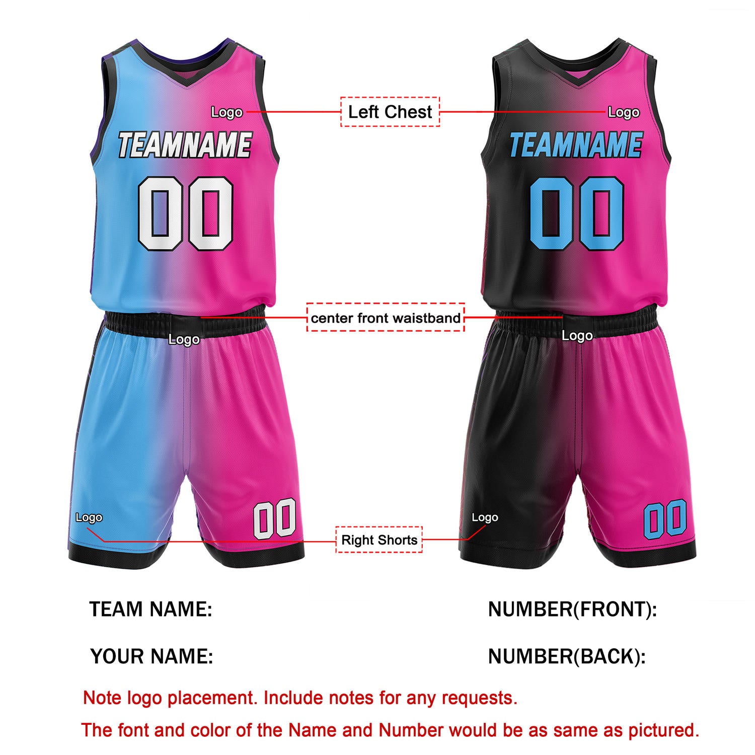 Custom Reversible Blue Pink Black Basketball Uniform Set | Team & Player Name - Vosoli
