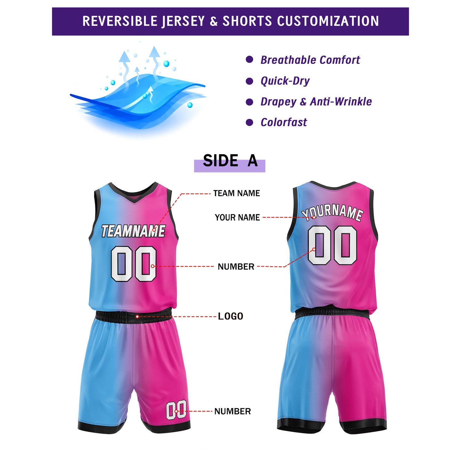 Custom Reversible Blue Pink Black Basketball Uniform Set | Team & Player Name - Vosoli