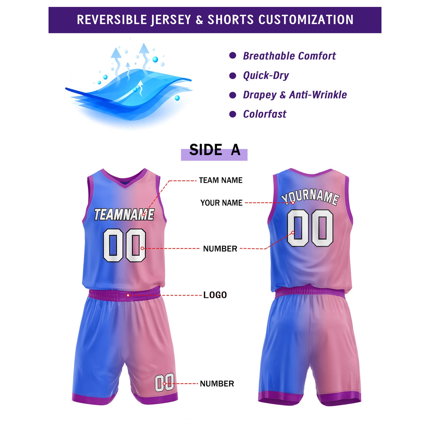 Custom Reversible Blue Pink Purple Basketball Uniform Set | Team & Player Name - Vosoli