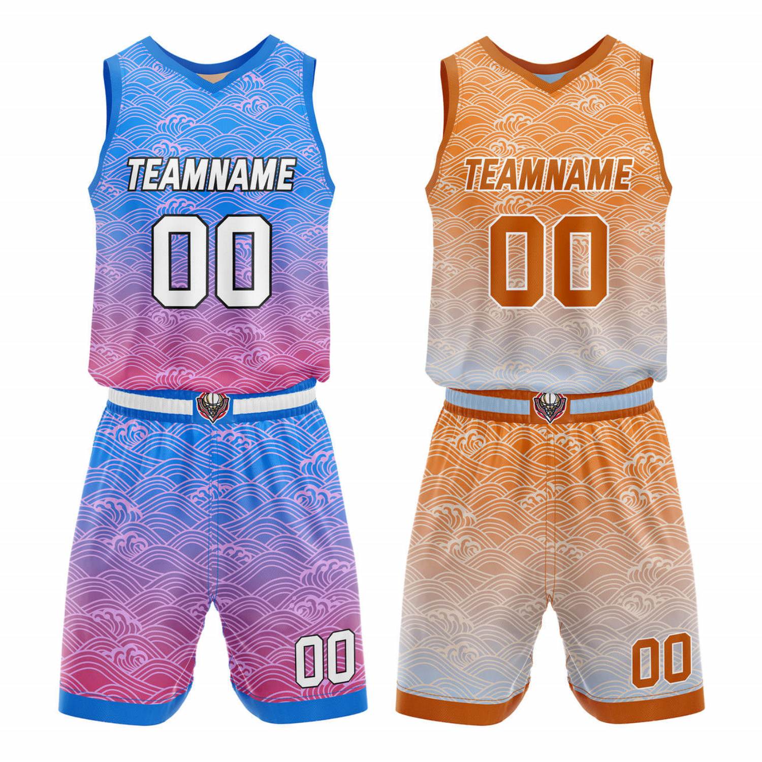 Custom Reversible Basketball Jersey + Shorts Set (Blue-Purple & Orange-White Gradient Wave) - Personalized Team Name, Number & LOGO | Vosoli