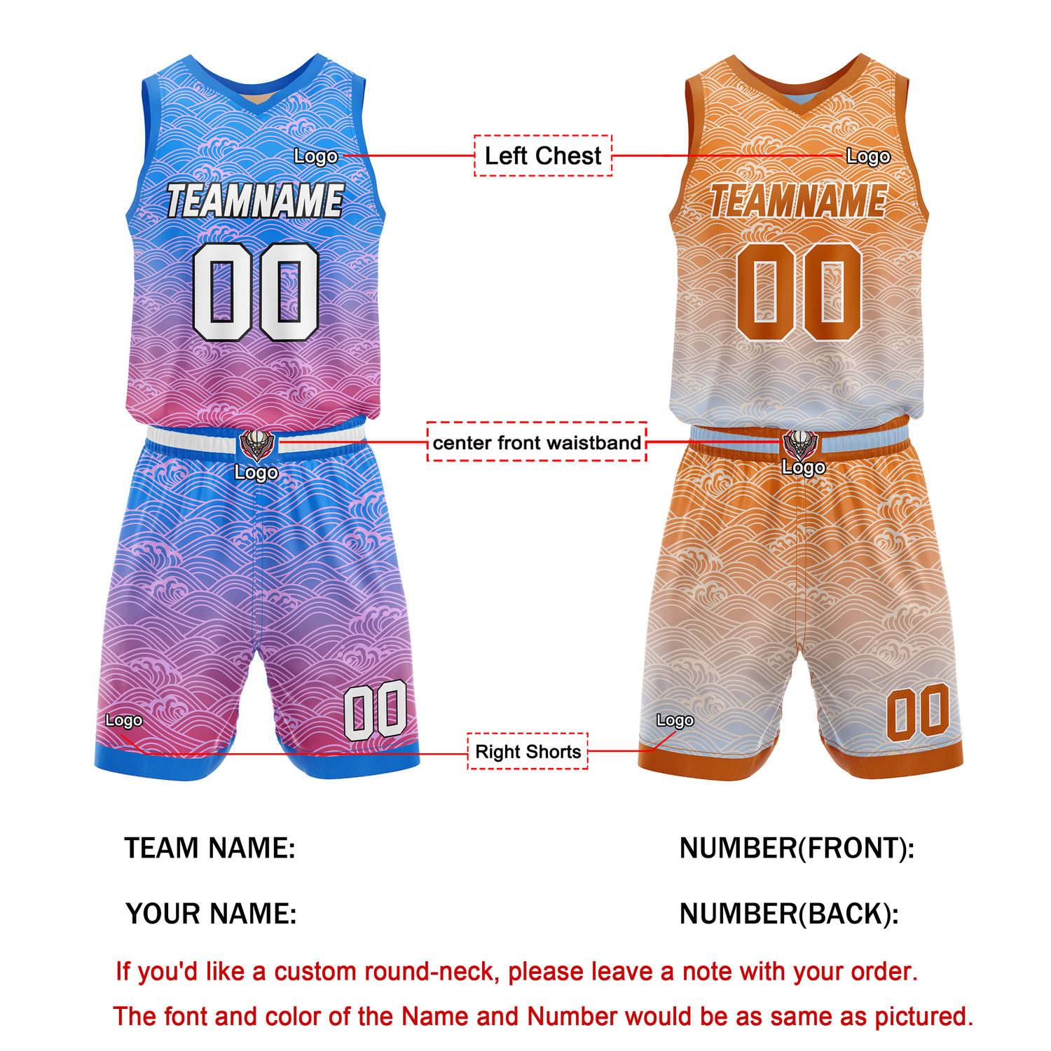 Custom Reversible Basketball Jersey + Shorts Set (Blue-Purple & Orange-White Gradient Wave) - Personalized Team Name, Number & LOGO | Vosoli