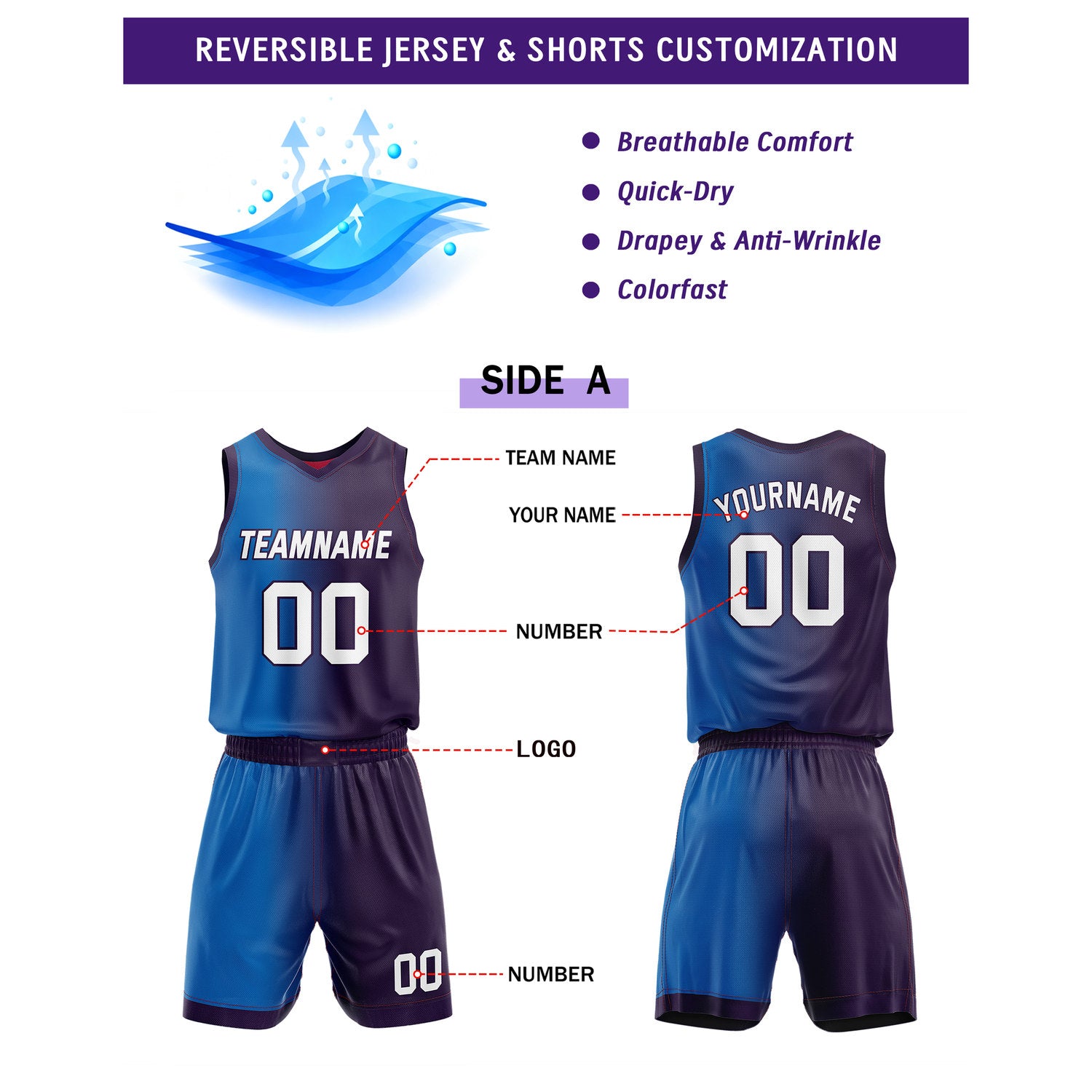 Custom Reversible Blue Purple Red Basketball Uniform Set | Team & Player Name - Vosoli