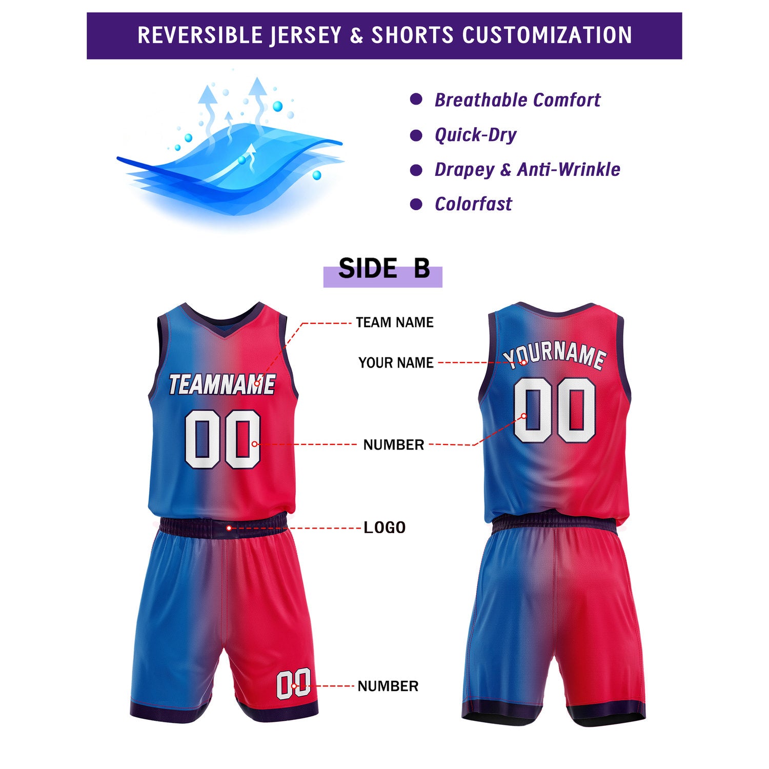 Custom Reversible Blue Purple Red Basketball Uniform Set | Team & Player Name - Vosoli