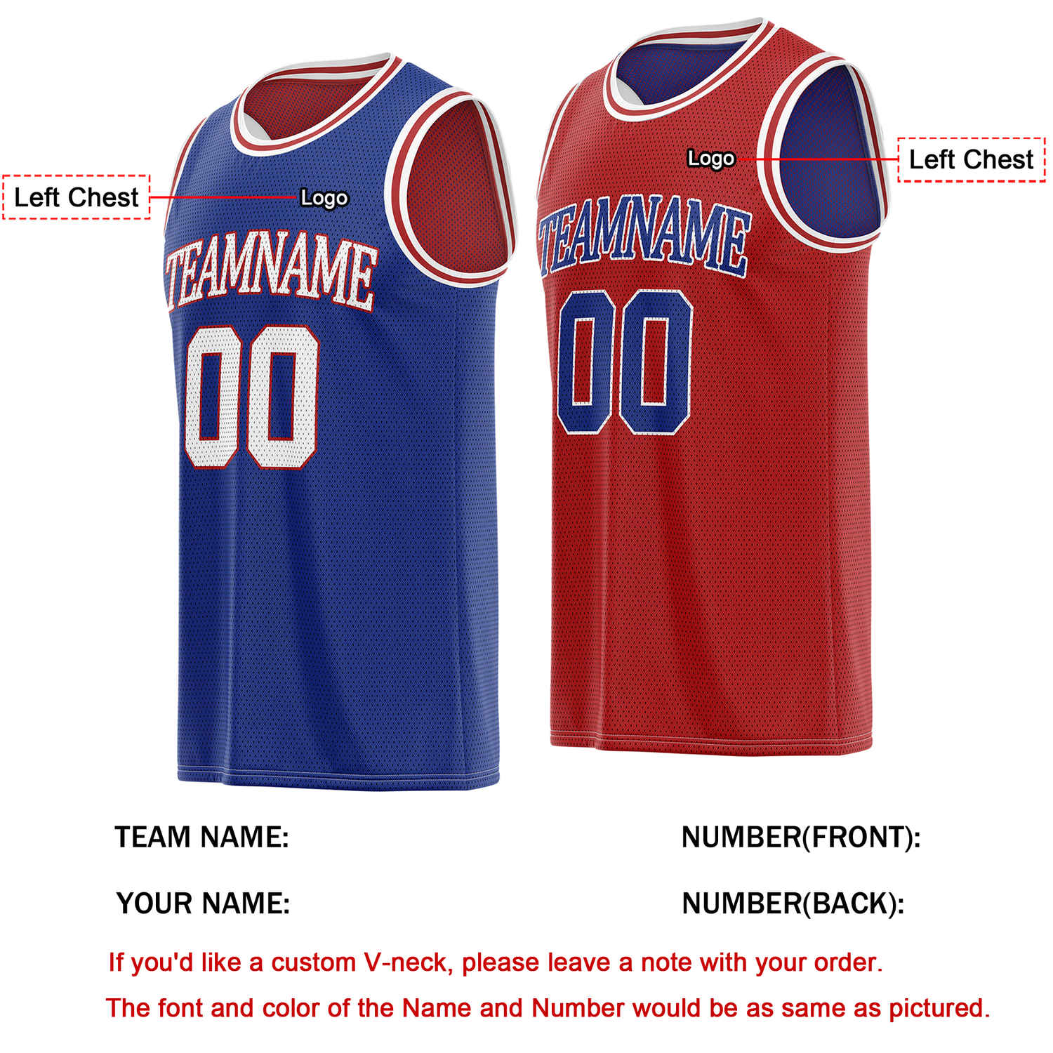 Custom Reversible Blue & Red Basketball Jersey | Personalized Team Name & Number - Vosoli