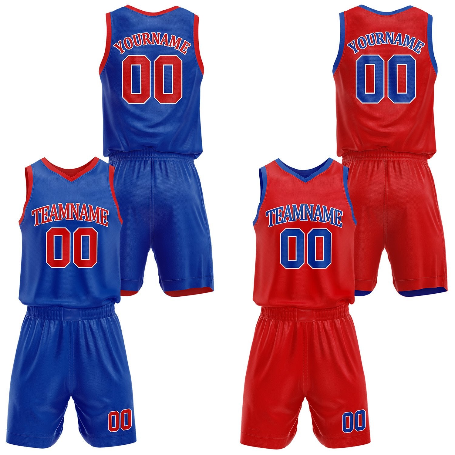 Custom reversible blue & red basketball uniform set, personalized with team name number and logo, sports jersey and shorts for men women youth game practice - Vosoli