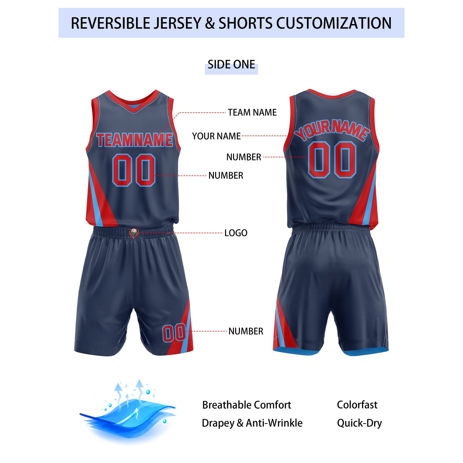Custom Reversible Blue Red Basketball Uniform Set | Team & Player Name - Vosoli