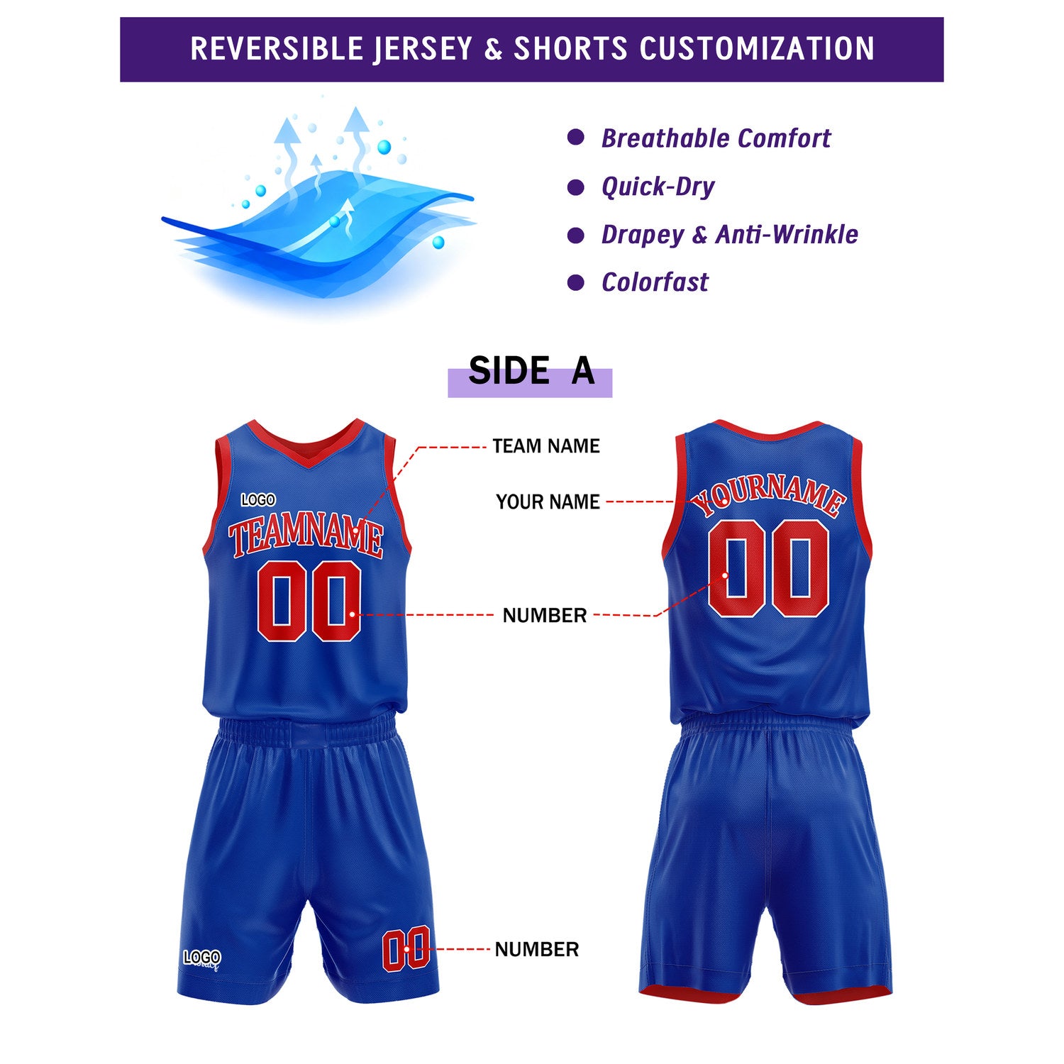 Custom Reversible Blue Red Basketball Uniform Set | Team Name & Number - Vosoli