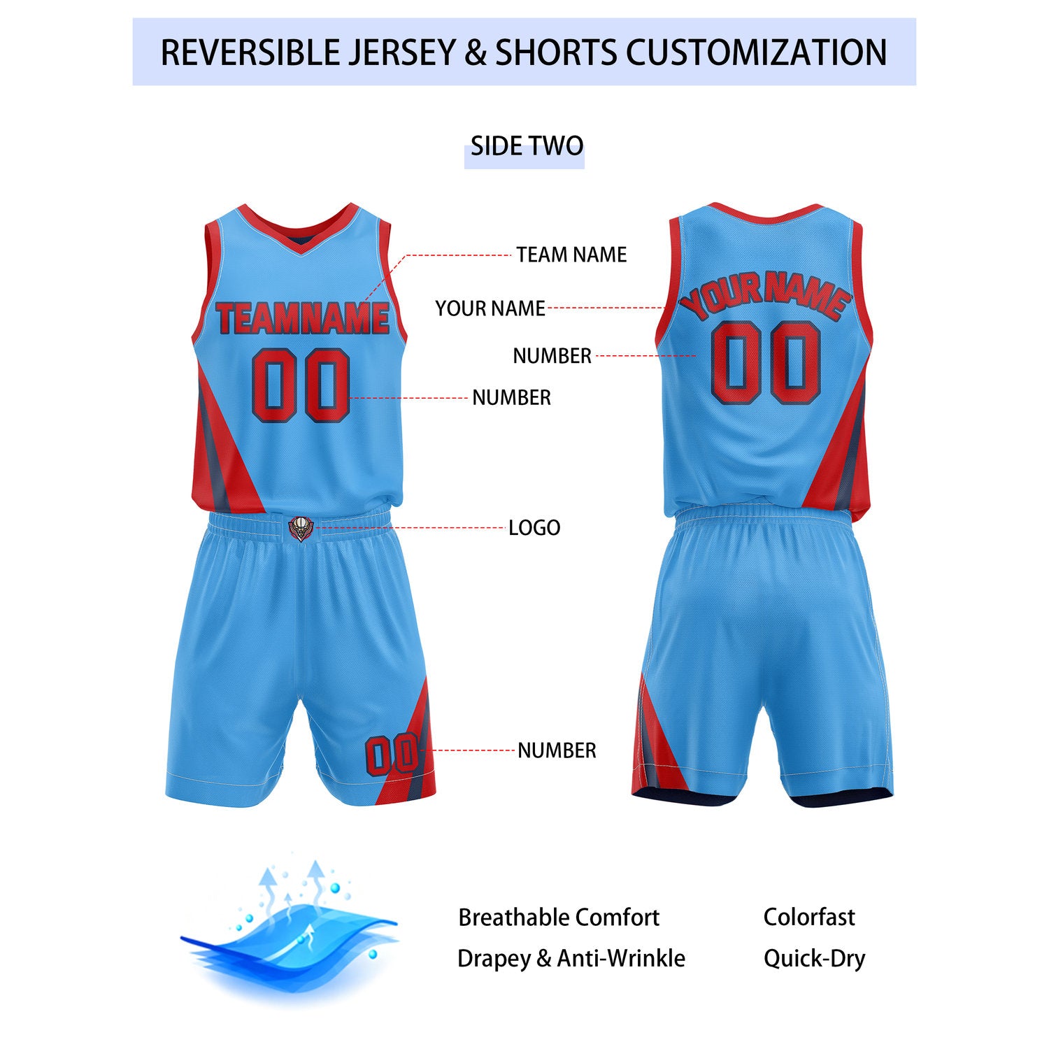 Custom Reversible Blue Red Basketball Uniform Set | Team & Player Name - Vosoli