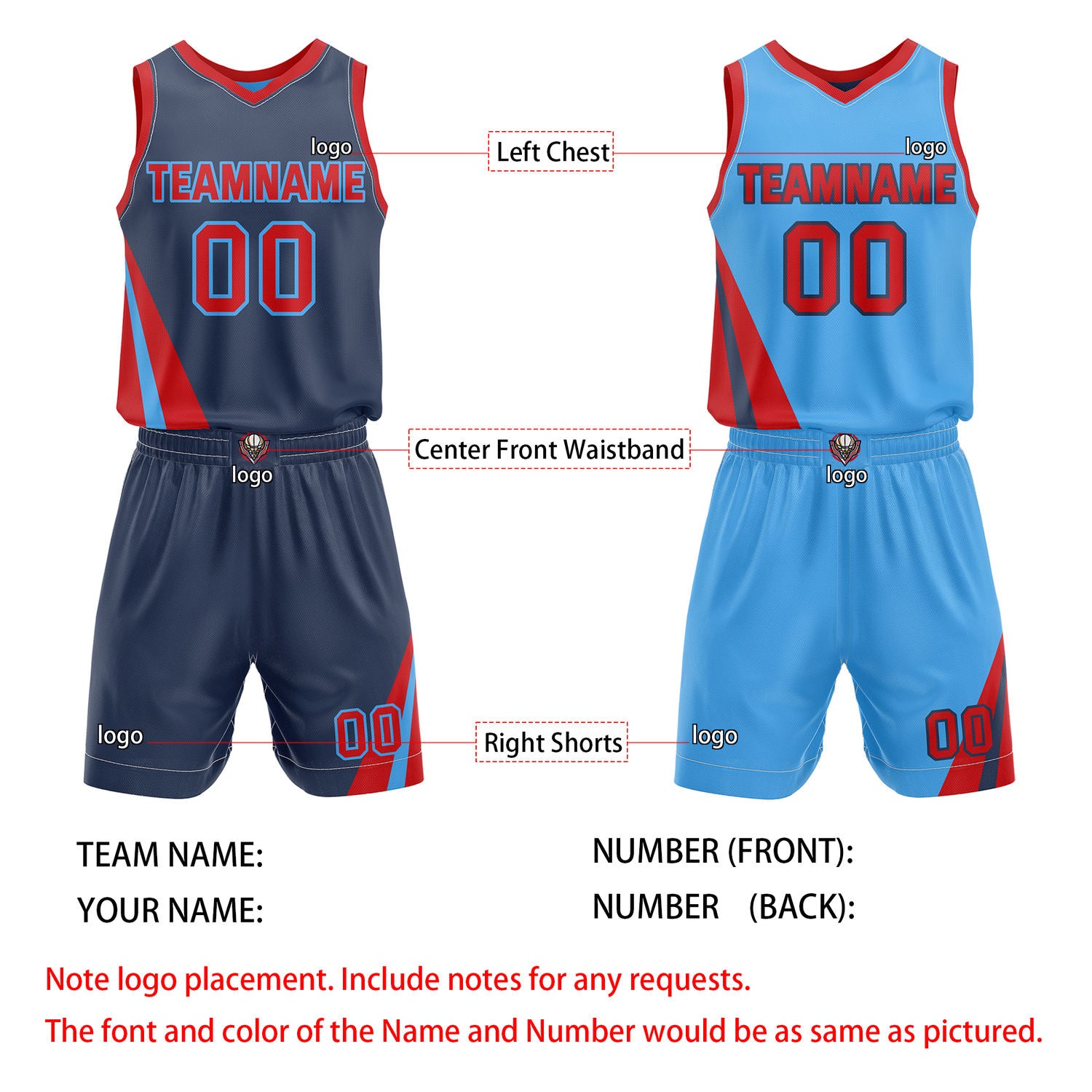 Custom Reversible Blue Red Basketball Uniform Set | Team & Player Name - Vosoli