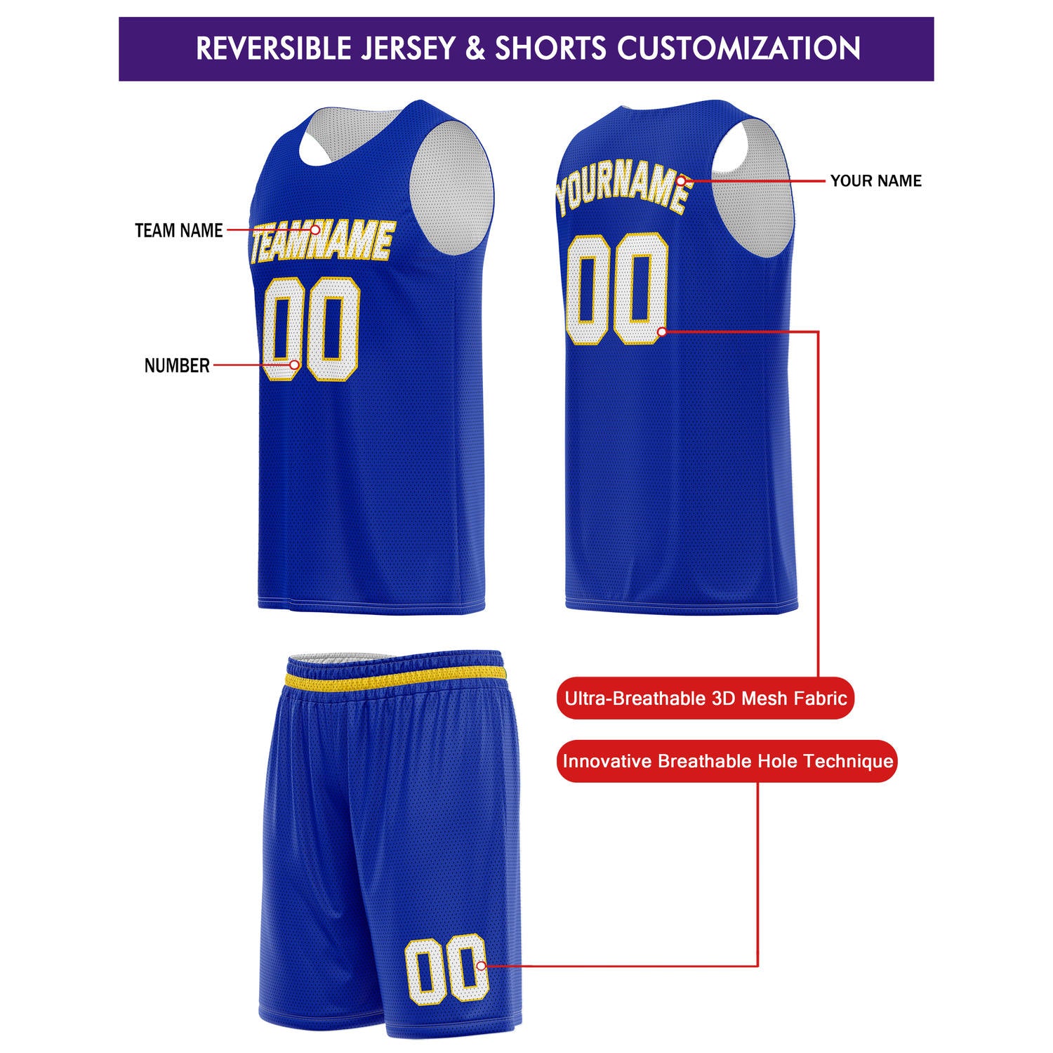 Custom Reversible Blue White Gold Basketball Jersey & Shorts Set | Personalized Team Kit | Vosoli