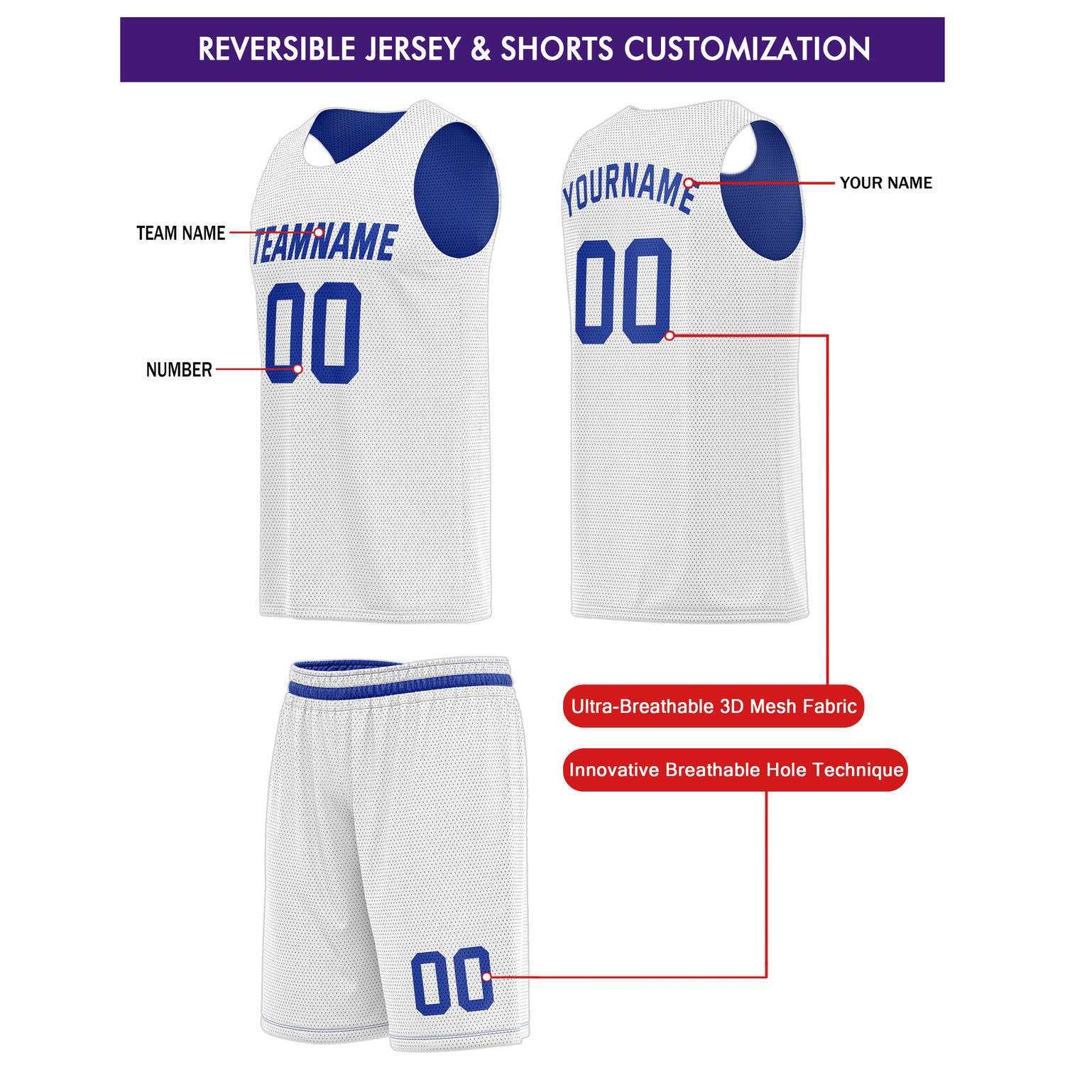 Custom Reversible Blue White Basketball Jersey & Shorts Set | Personalized Team Kit | Vosoli