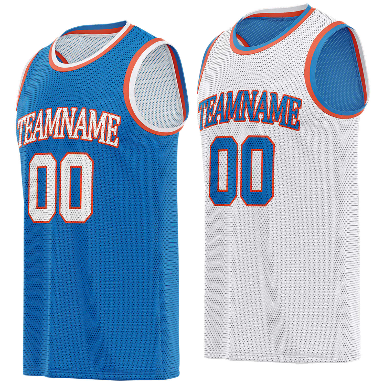 Custom reversible blue & white basketball jersey, personalized team name number logo breathable mesh sports top for men women youth game practice - Vosoli