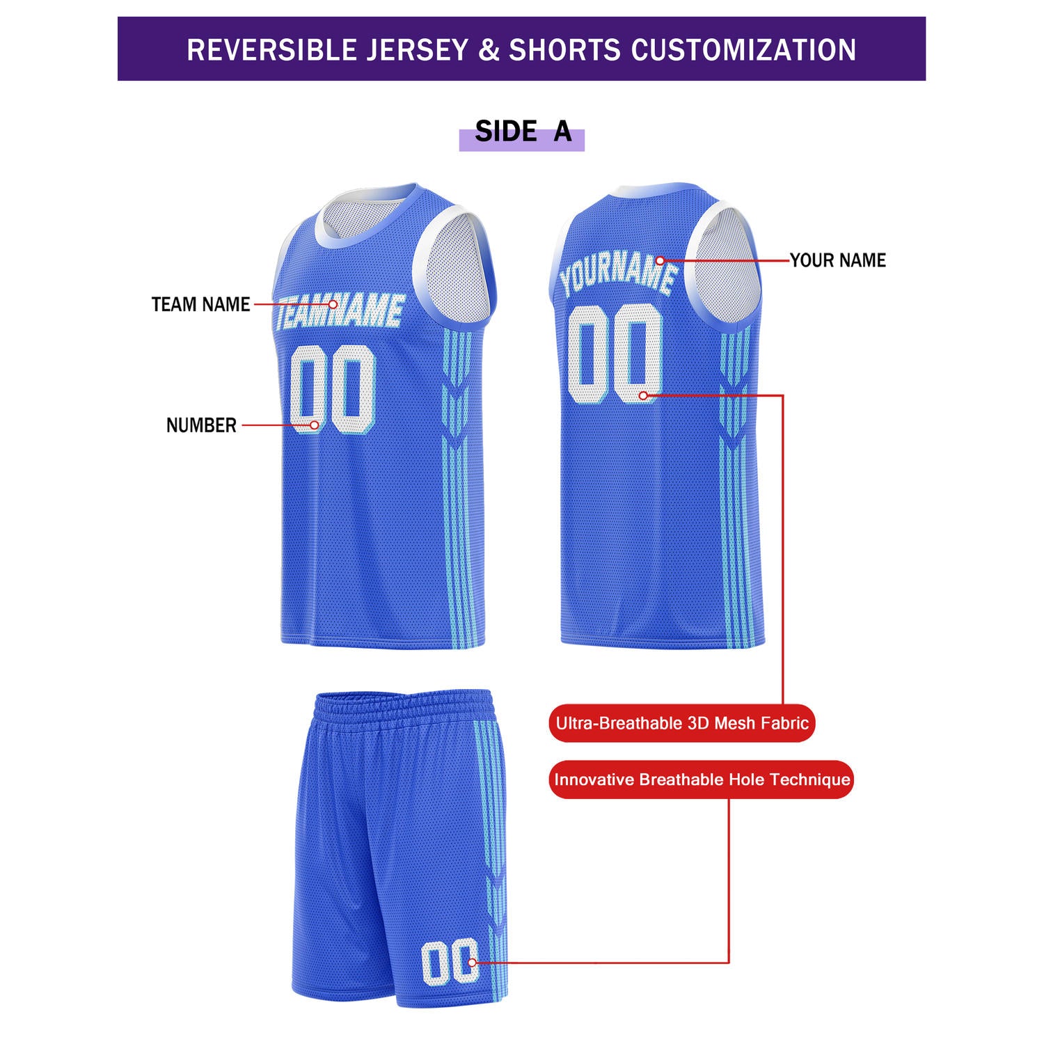 Custom Reversible Blue White Basketball Uniform Set | Team & Player Name - Vosoli