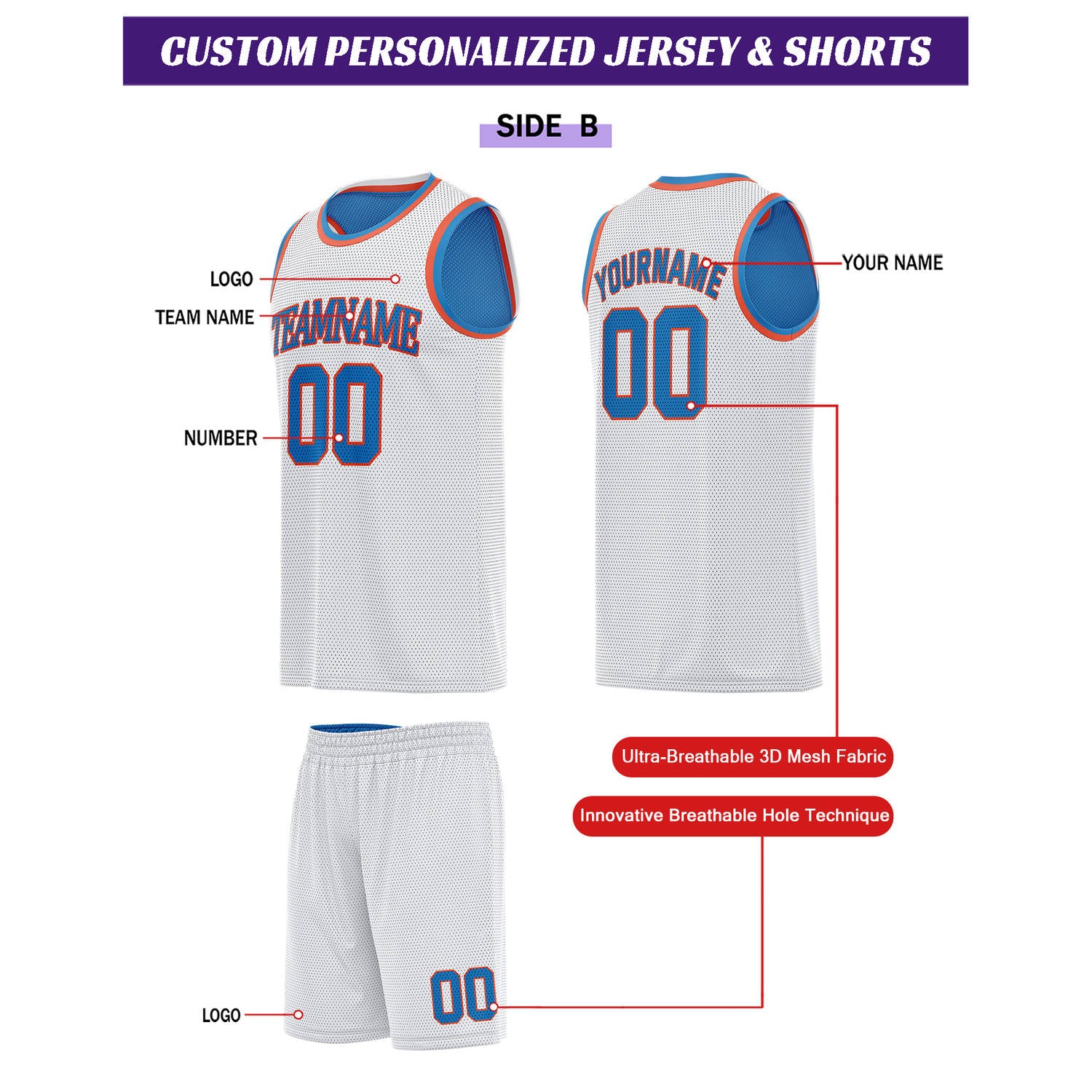 Custom Reversible Blue & White Basketball Uniform Set | Personalized for Team Sports Practice - Vosoli