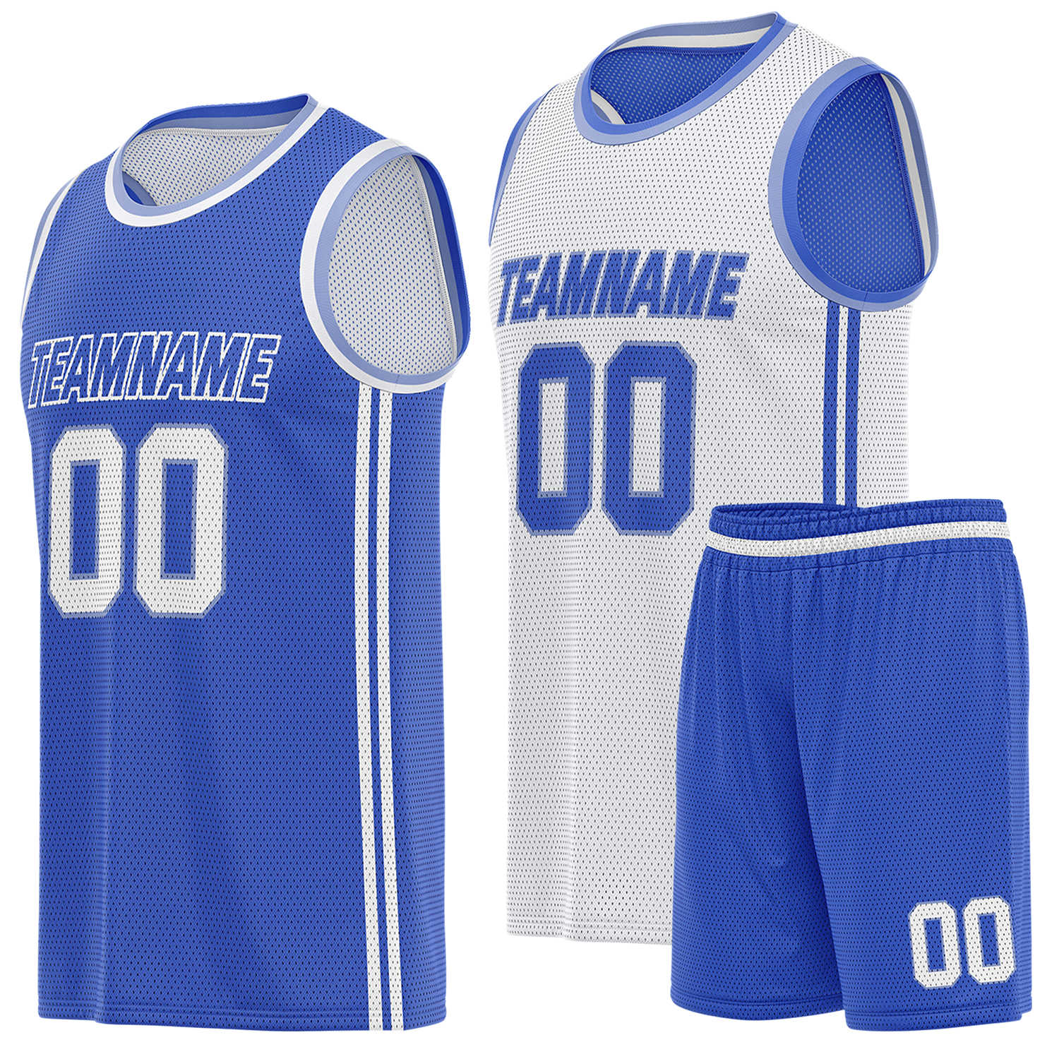 Custom reversible blue & white basketball uniform (jersey + shorts), personalized team name number logo breathable mesh sports set for men women youth game practice - Vosoli
