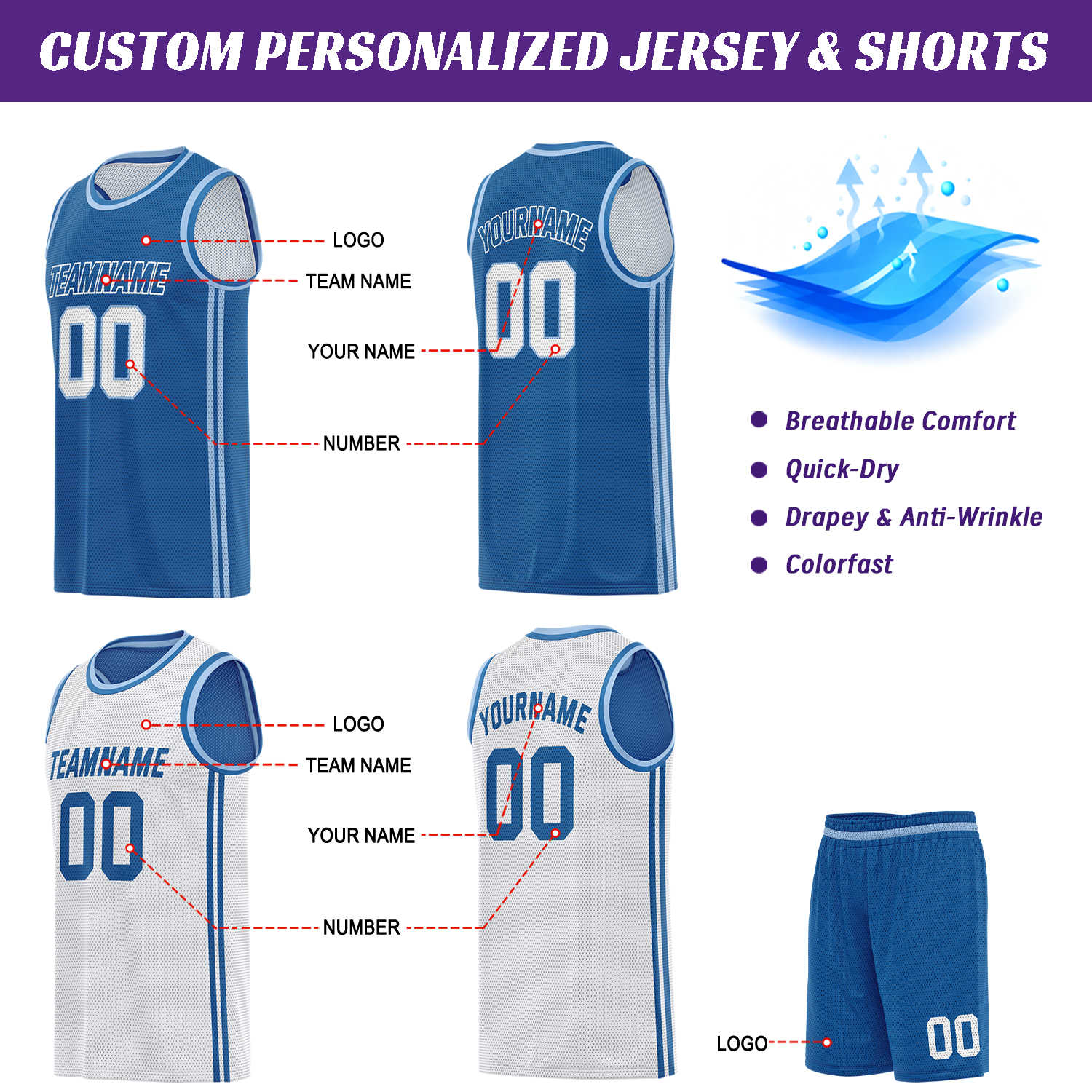 Custom Reversible Blue & White Basketball Uniform | Jersey & Shorts Set - Vosoli