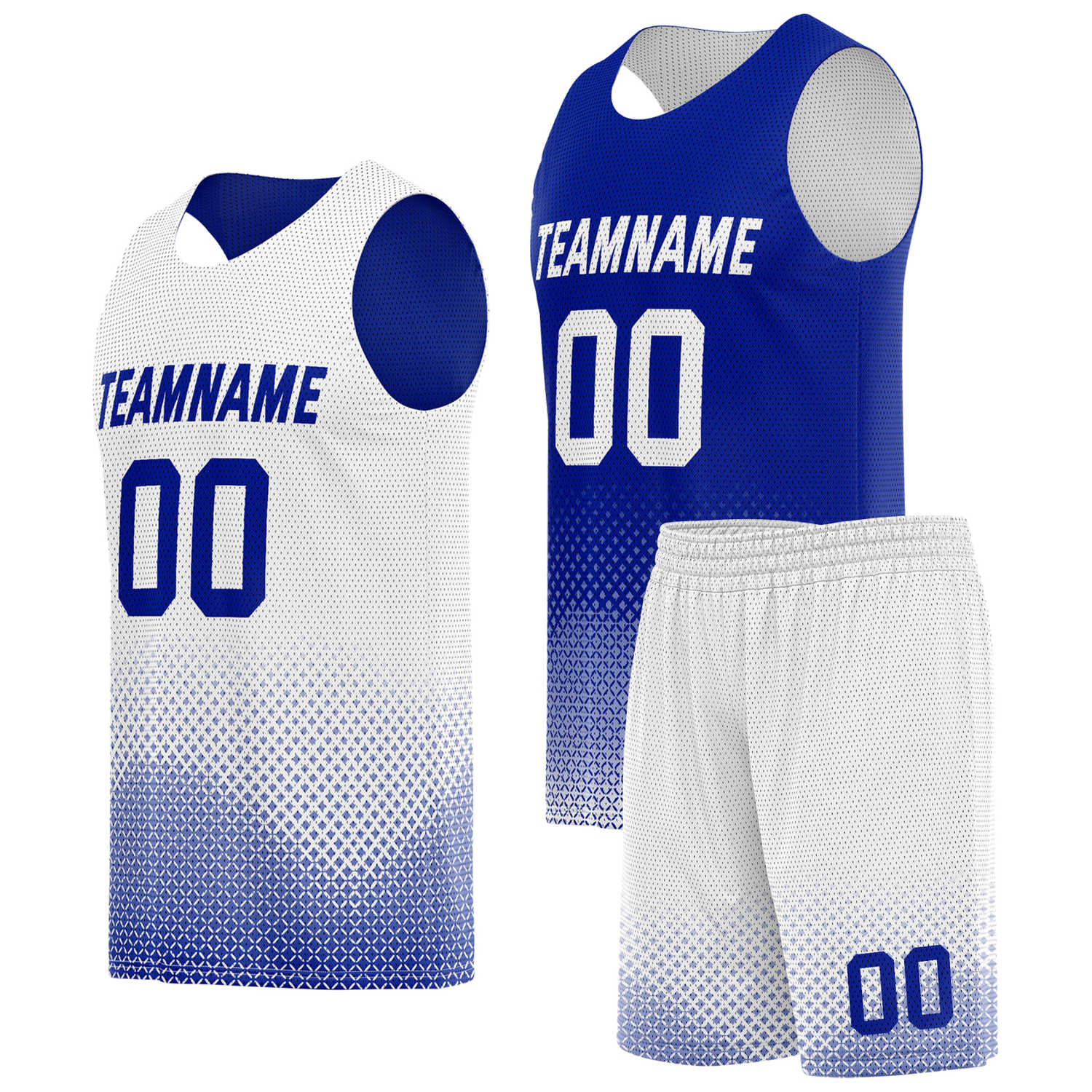 Custom reversible blue white basketball uniform, personalized team name number logo breathable Mesh sports set for men women youth game practice wear - Vosoli