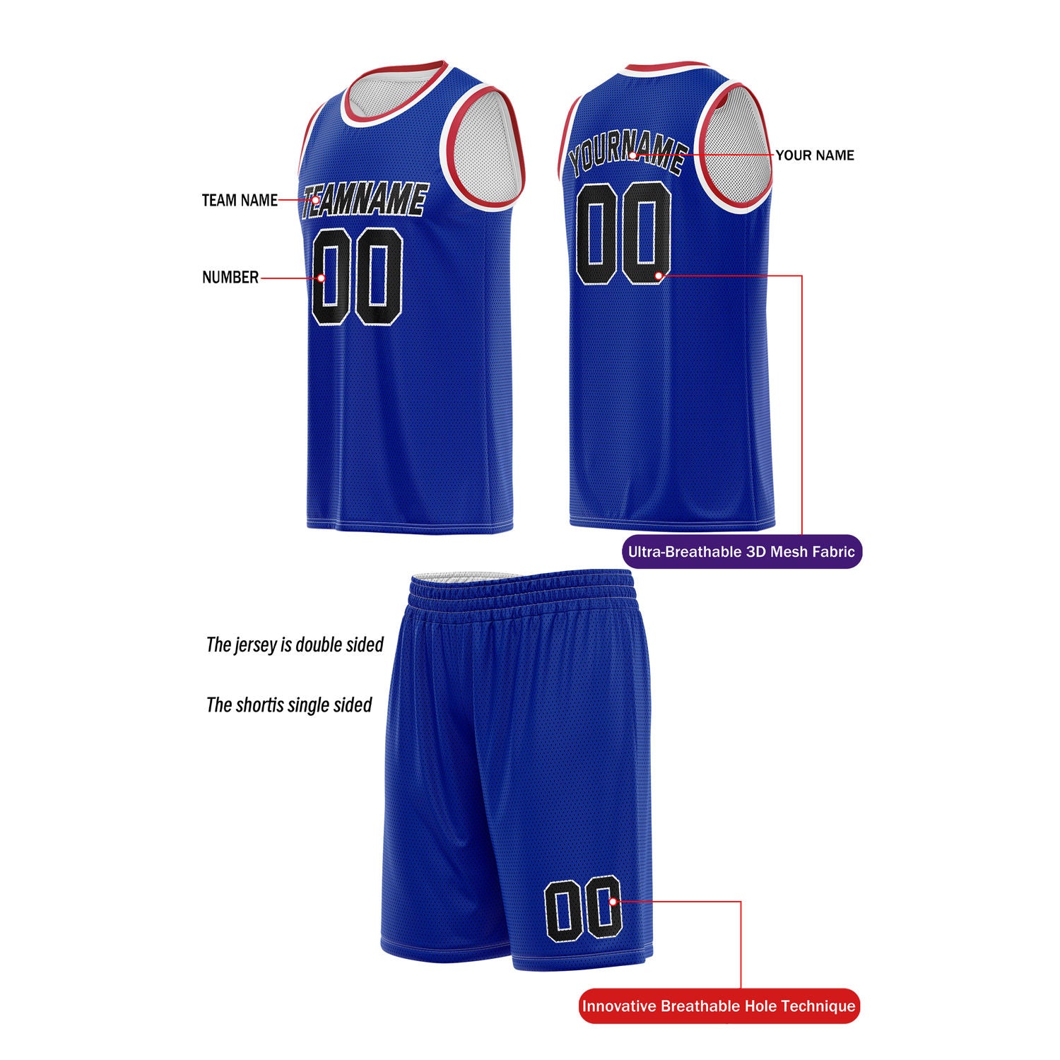 Custom Reversible Blue & White Basketball Uniform (Jersey + Shorts) | Personalized Team Set | Vosoli