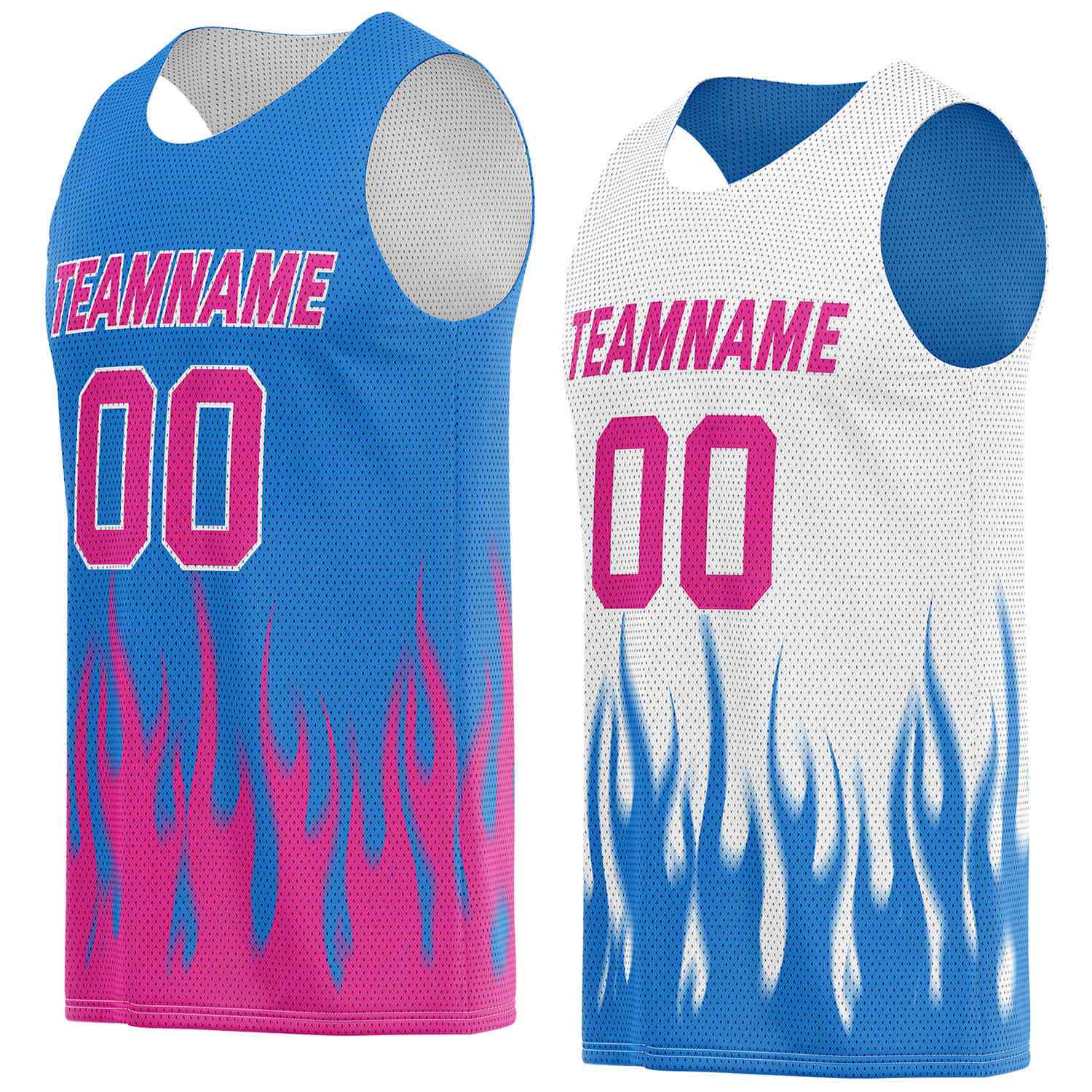 Custom Reversible Blue White Pink Flame Basketball Jersey | Personalized Team Top - Vosoli