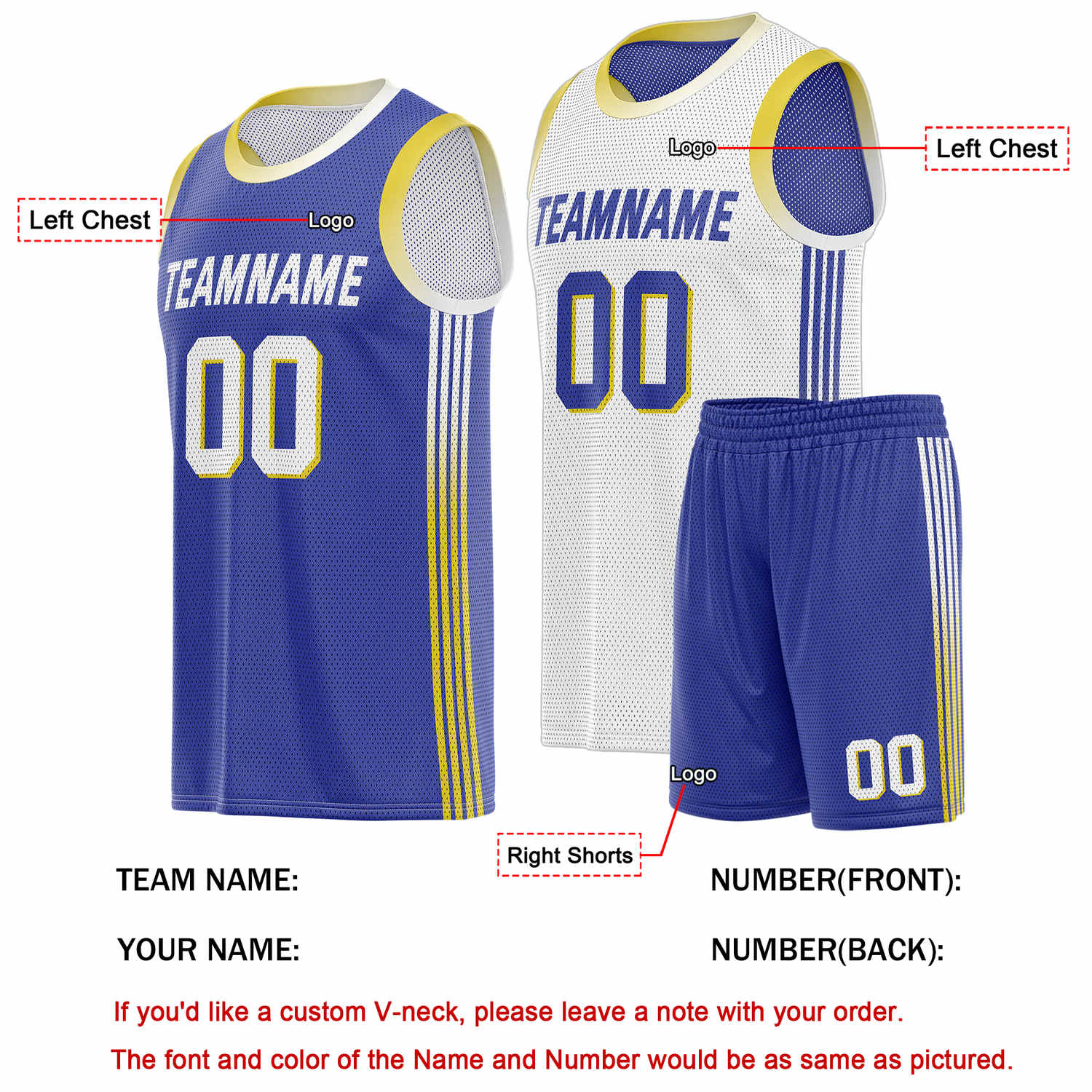 Custom Reversible Blue White Yellow Basketball Uniform Set | Team & Player Name - Vosoli