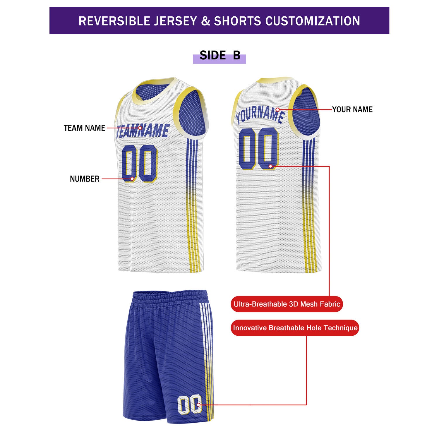 Custom Reversible Blue White Yellow Basketball Uniform Set | Team & Player Name - Vosoli