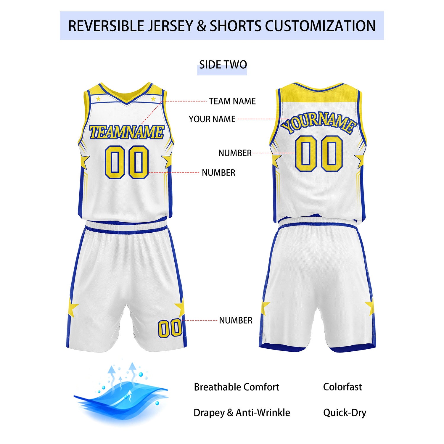 Custom Reversible Blue White Yellow Star Basketball Uniform Set | Team Name & Number - Vosoli