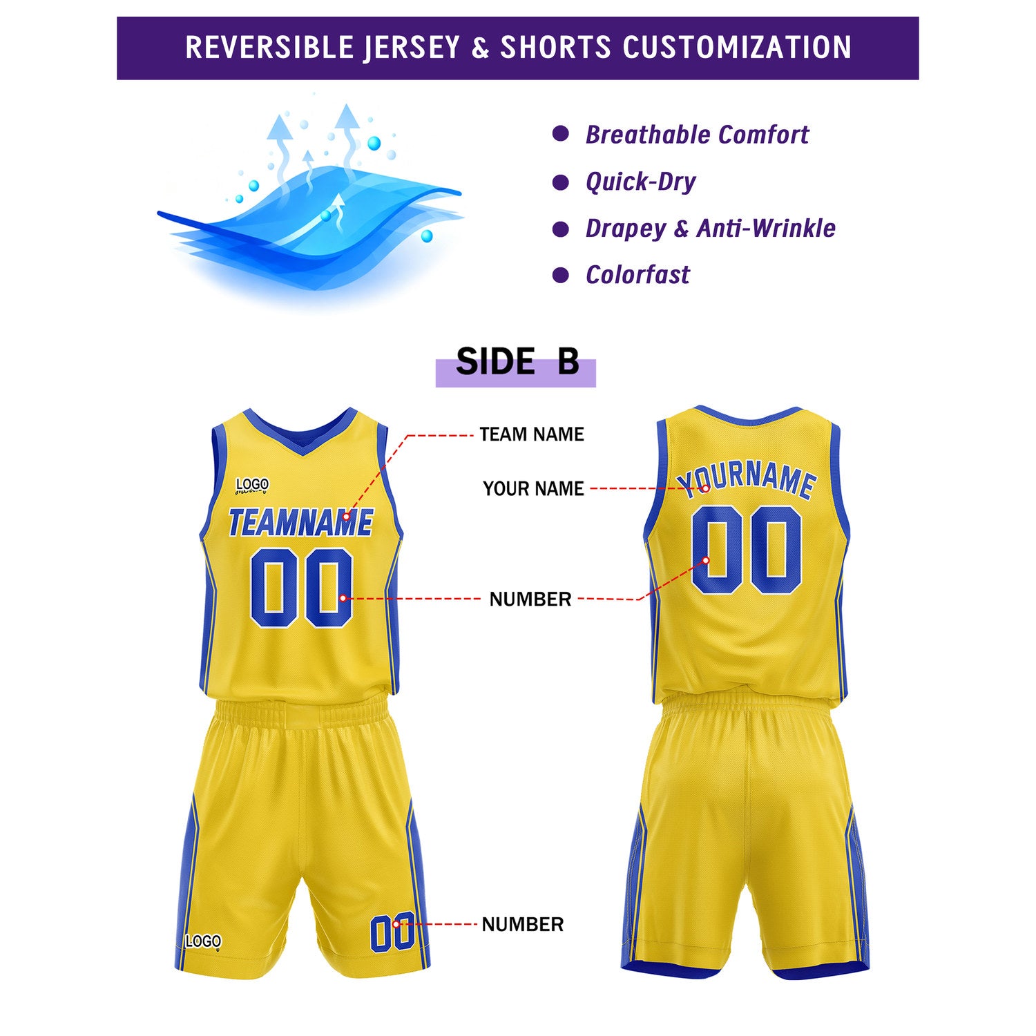 Custom Reversible Blue Yellow Basketball Uniform Set | Personalized Name & Number - Vosoli