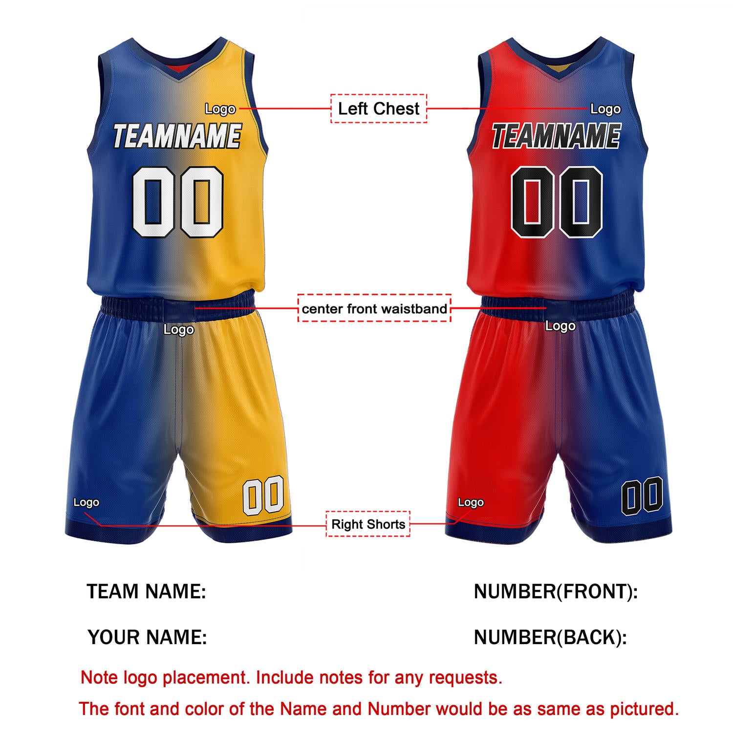 Custom Reversible Blue Yellow Red Basketball Uniform Set | Team & Player Name - Vosoli