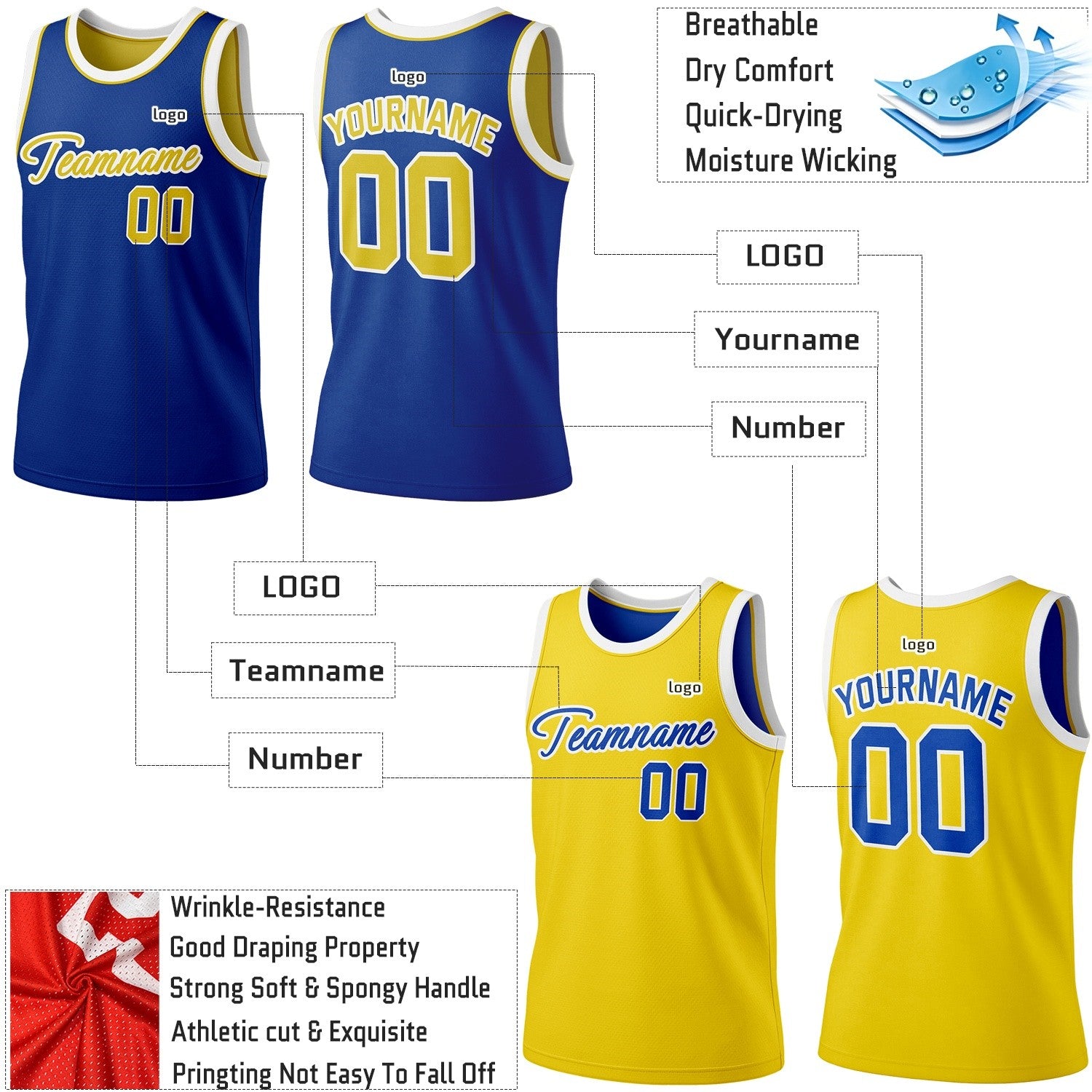 Custom Reversible Blue & Yellow Basketball Jersey | Personalized Team Jersey | Vosoli