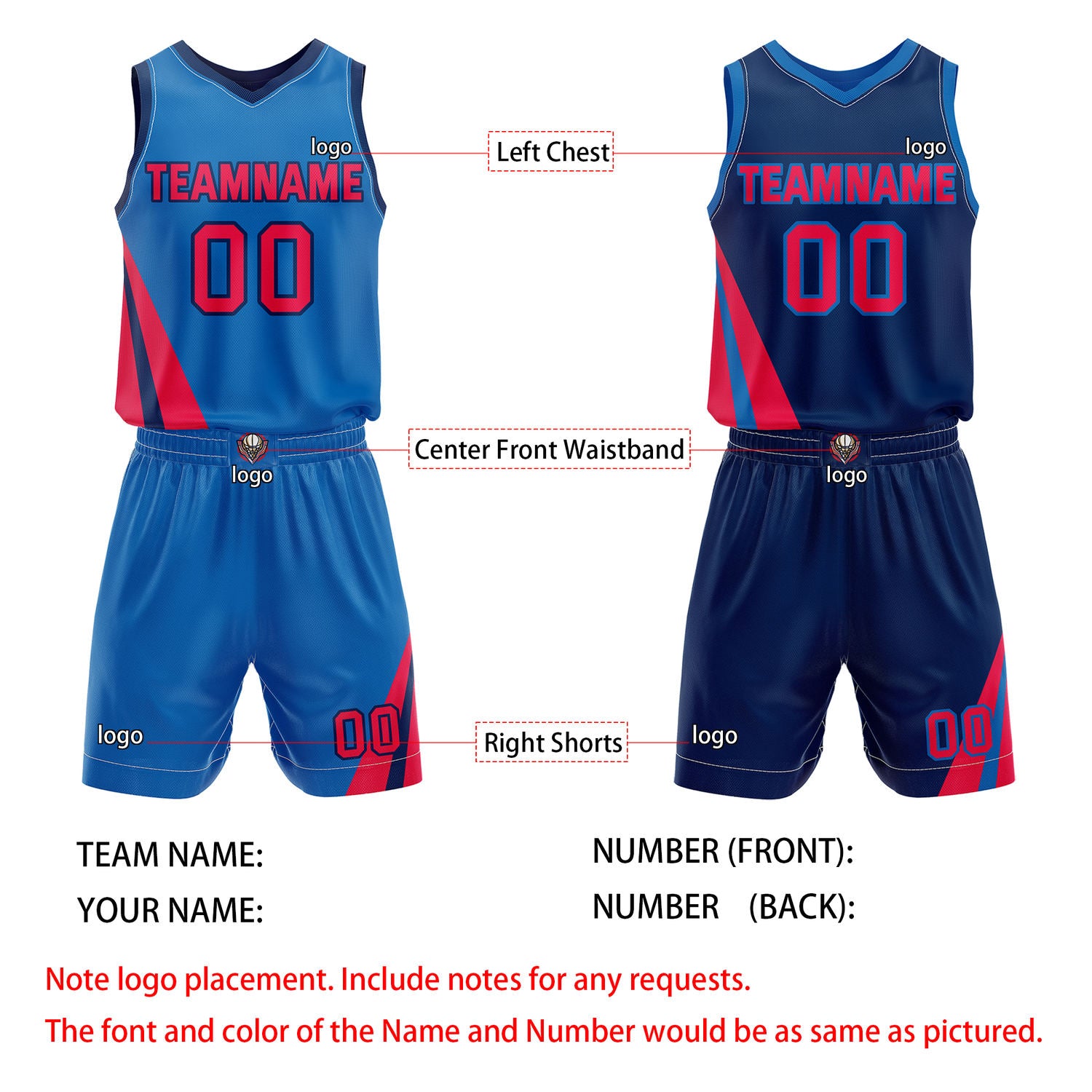 Custom Reversible Bright Blue Navy Red Basketball Uniform Set | Team & Player Name - Vosoli