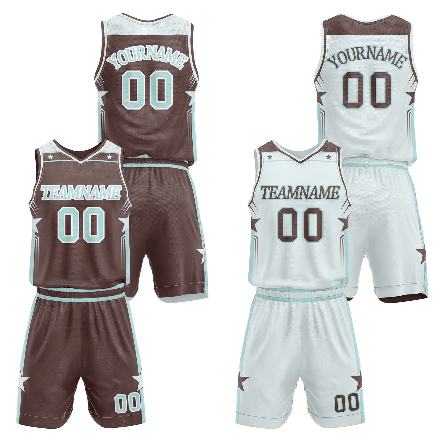 Custom reversible brown & pale blue basketball uniform set, personalized with team name number and logo, breathable mesh fabric for men women youth game practice - Vosoli