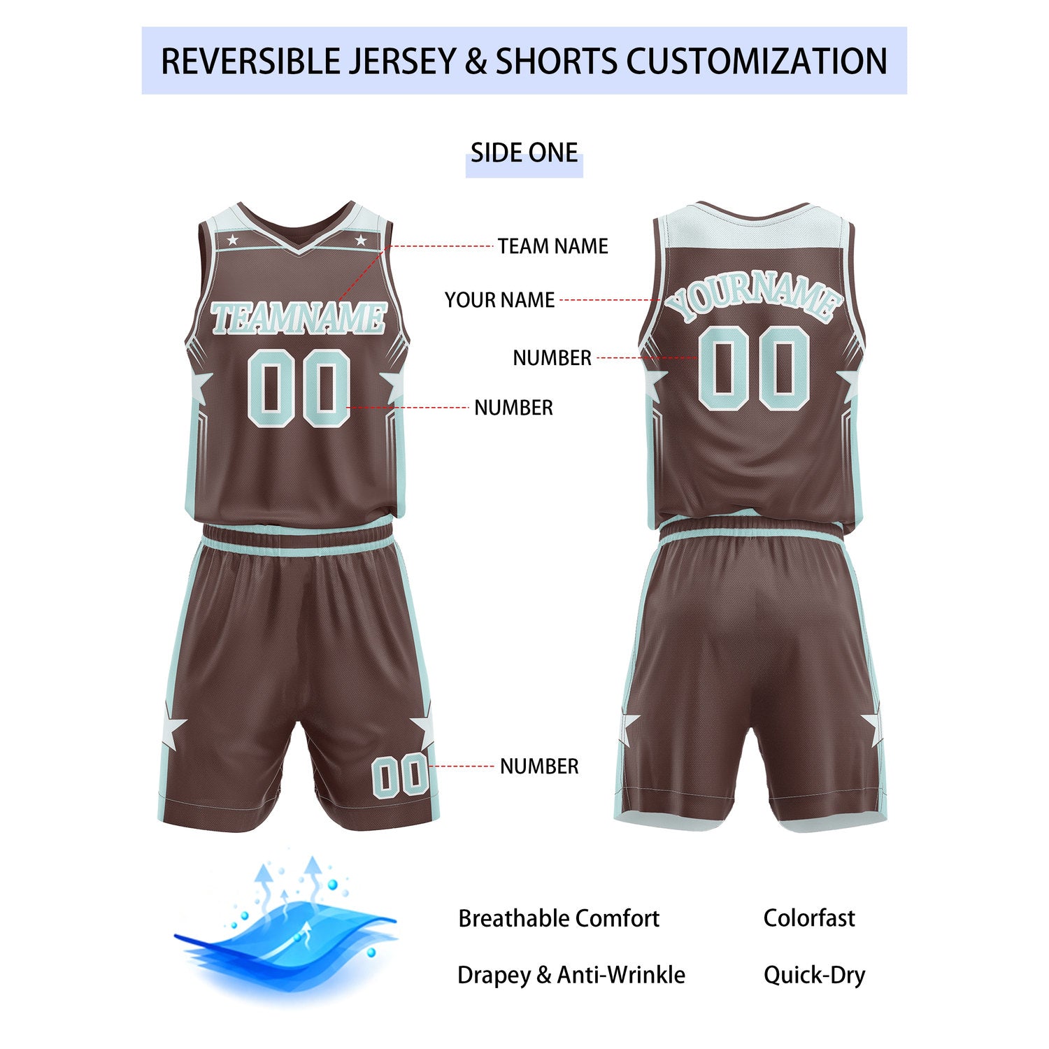 Custom Reversible Brown Pale Blue Star Basketball Uniform Set | Team Name & Number - Vosoli