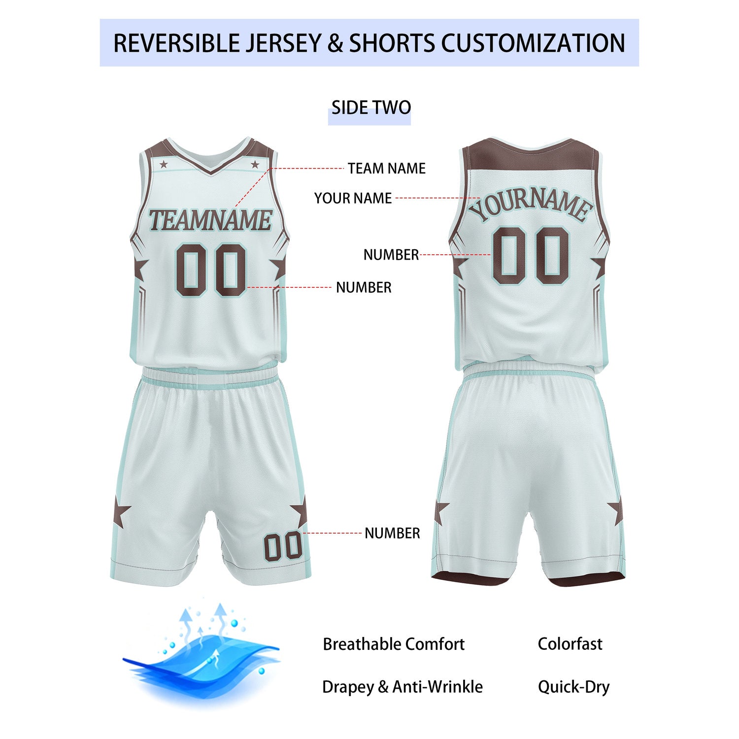 Custom Reversible Brown Pale Blue Star Basketball Uniform Set | Team Name & Number - Vosoli