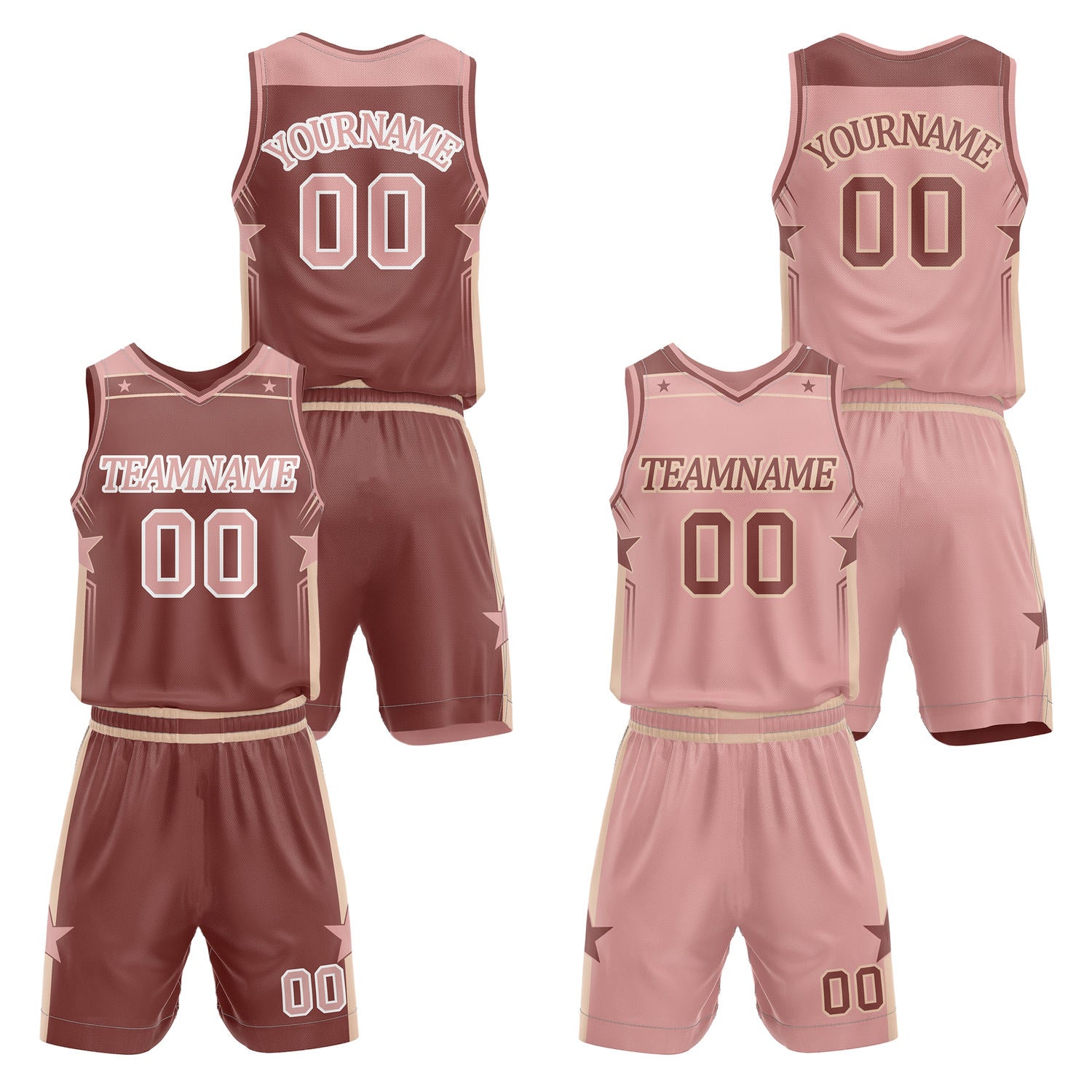 Custom reversible burgundy & blush basketball uniform set, personalized with team name number and logo, breathable mesh fabric for men women youth game practice - Vosoli