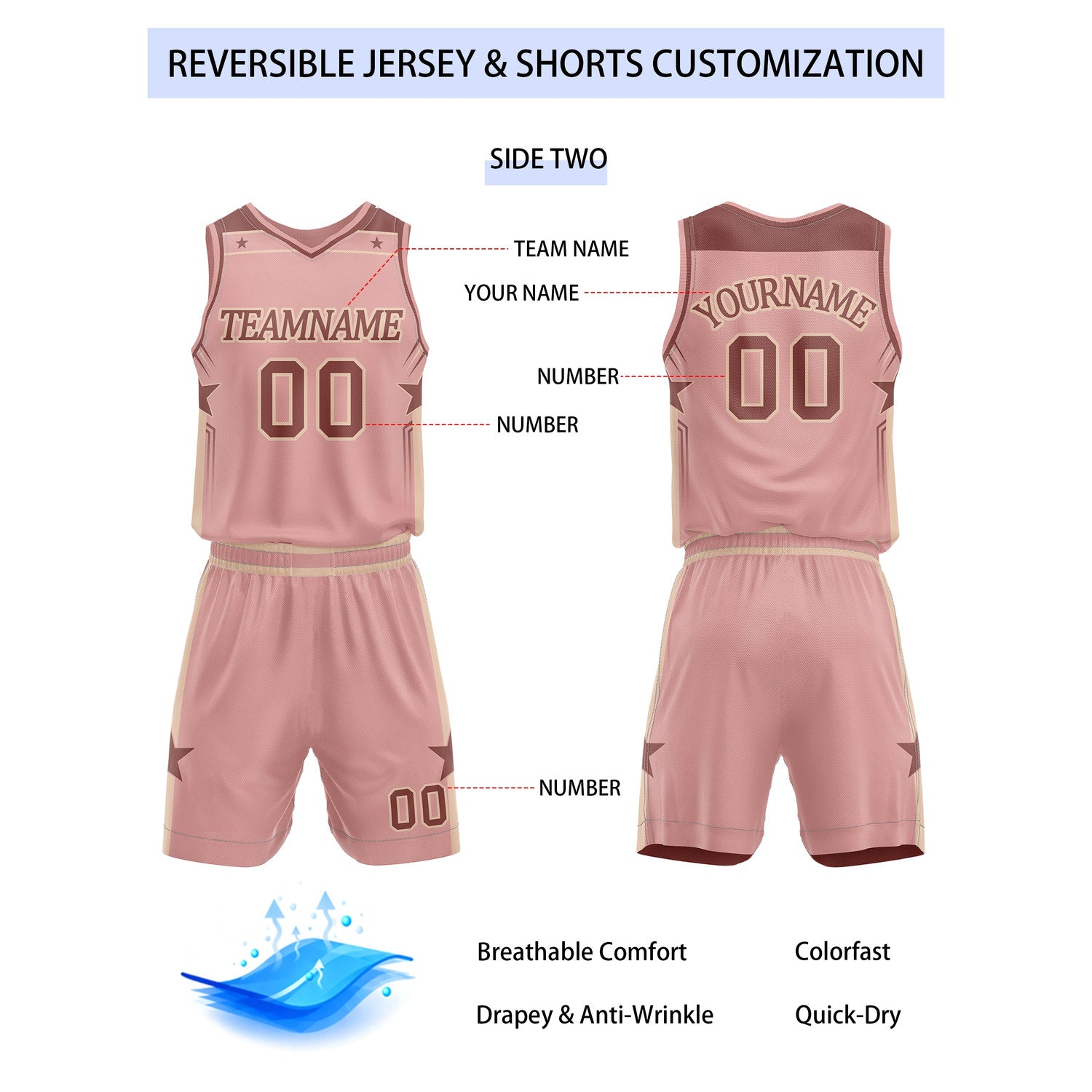 Custom Reversible Burgundy Blush Star Basketball Uniform Set | Team Name & Number - Vosoli