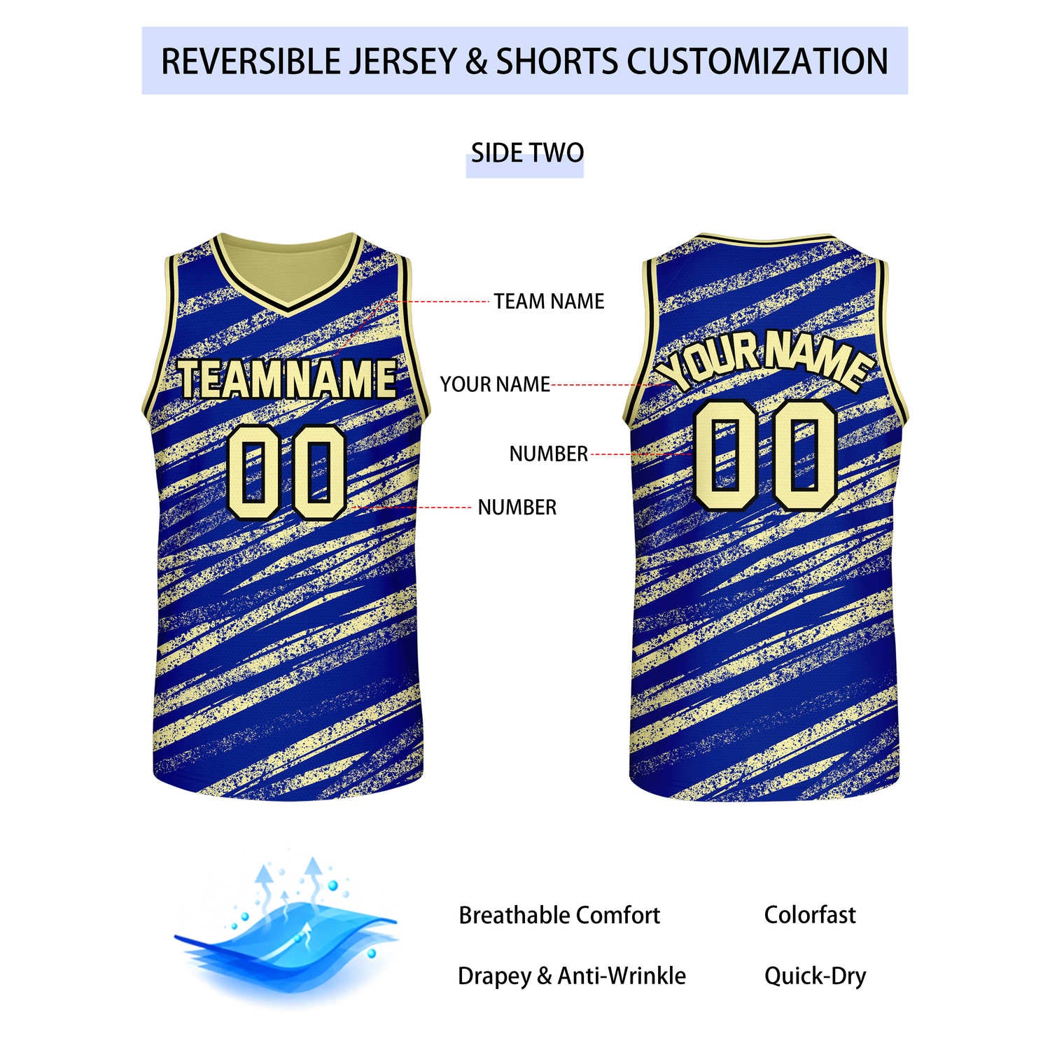 Custom Reversible Cream Blue Basketball Jersey | Team & Player Name - Vosoli