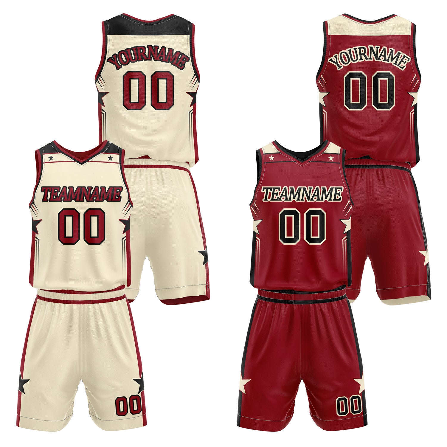 Custom reversible cream & burgundy basketball uniform set, personalized with team name number and logo, breathable mesh fabric for men women youth game practice - Vosoli