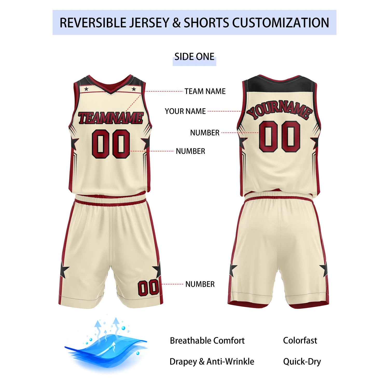 Custom Reversible Cream Burgundy Star Basketball Uniform Set | Team Name & Number - Vosoli