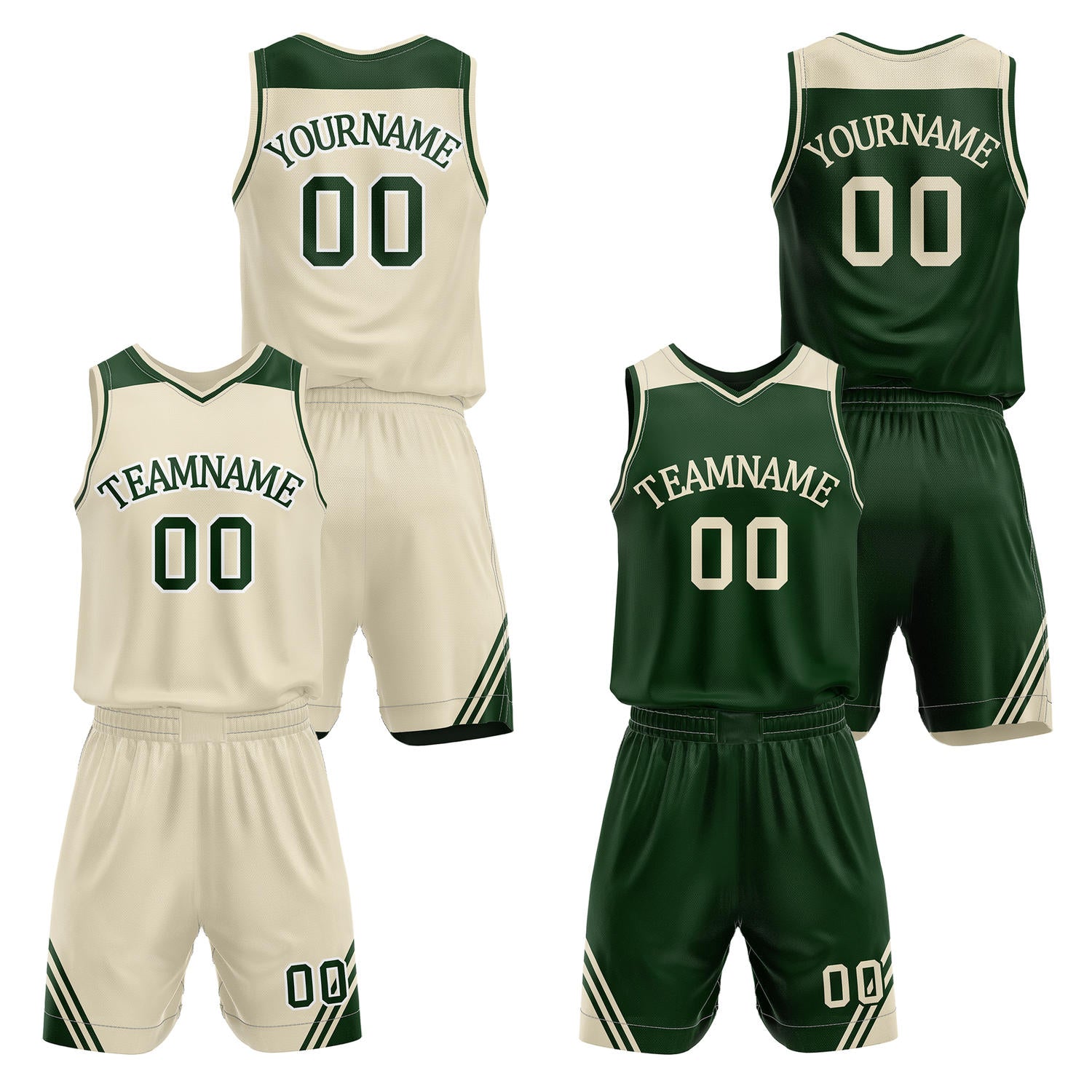 Custom reversible cream & forest green basketball uniform set, personalized with team name number and logo, breathable mesh fabric for men women youth game practice - Vosoli