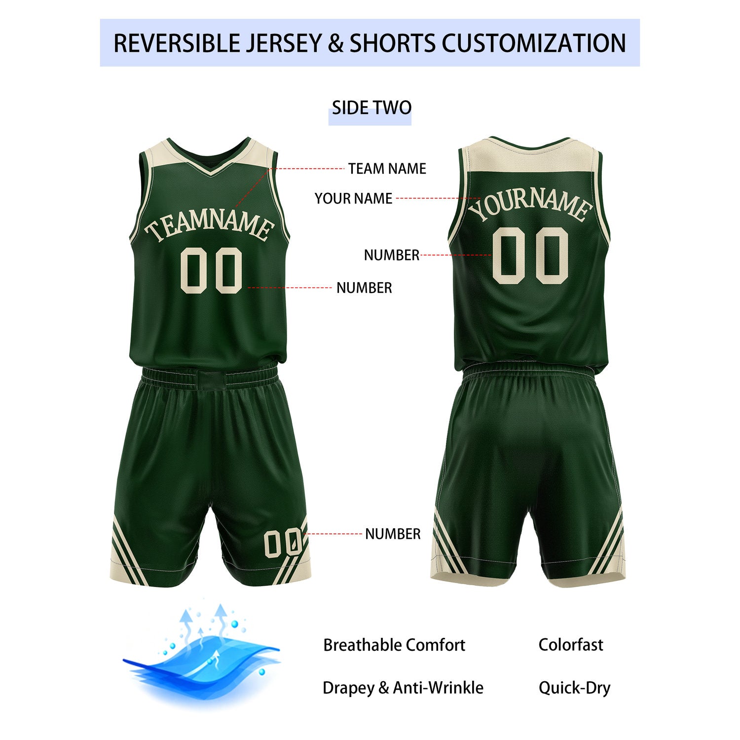 Custom Reversible Cream Forest Green Basketball Uniform Set | Team Name & Number - Vosoli