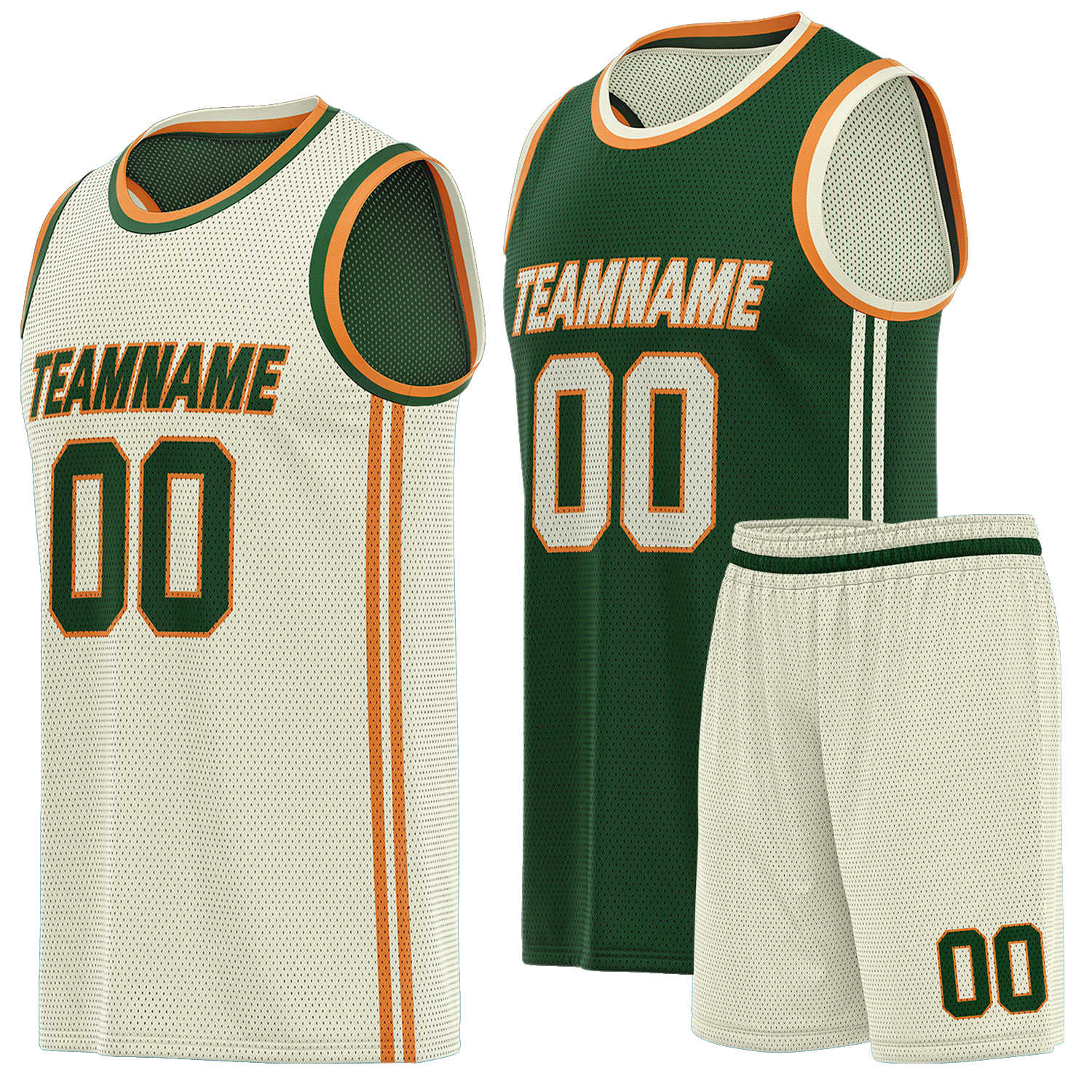 Custom reversible cream & green basketball uniform (jersey + shorts), personalized team name number logo breathable mesh sports set for men women youth game practice - Vosoli