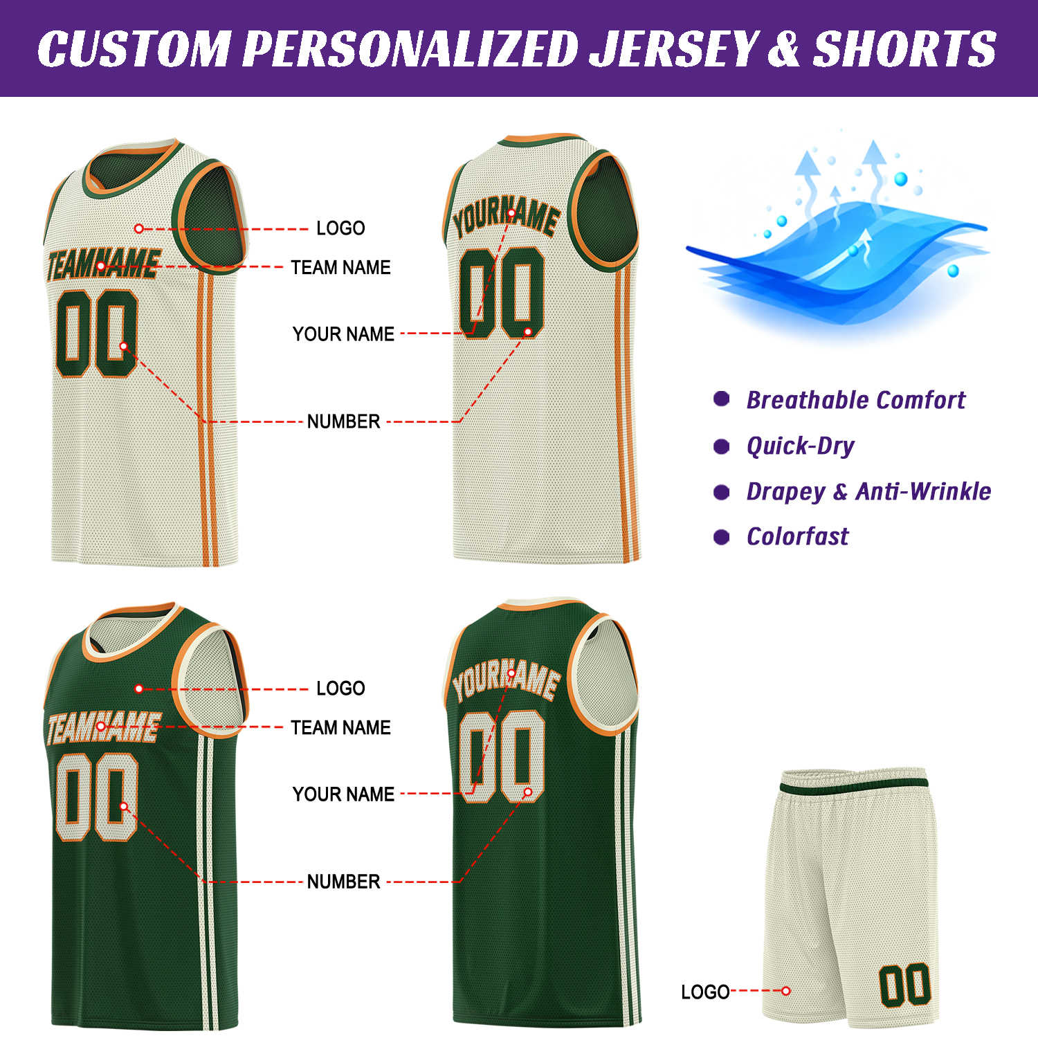 Custom Reversible Cream & Green Basketball Uniform | Jersey & Shorts Set - Vosoli
