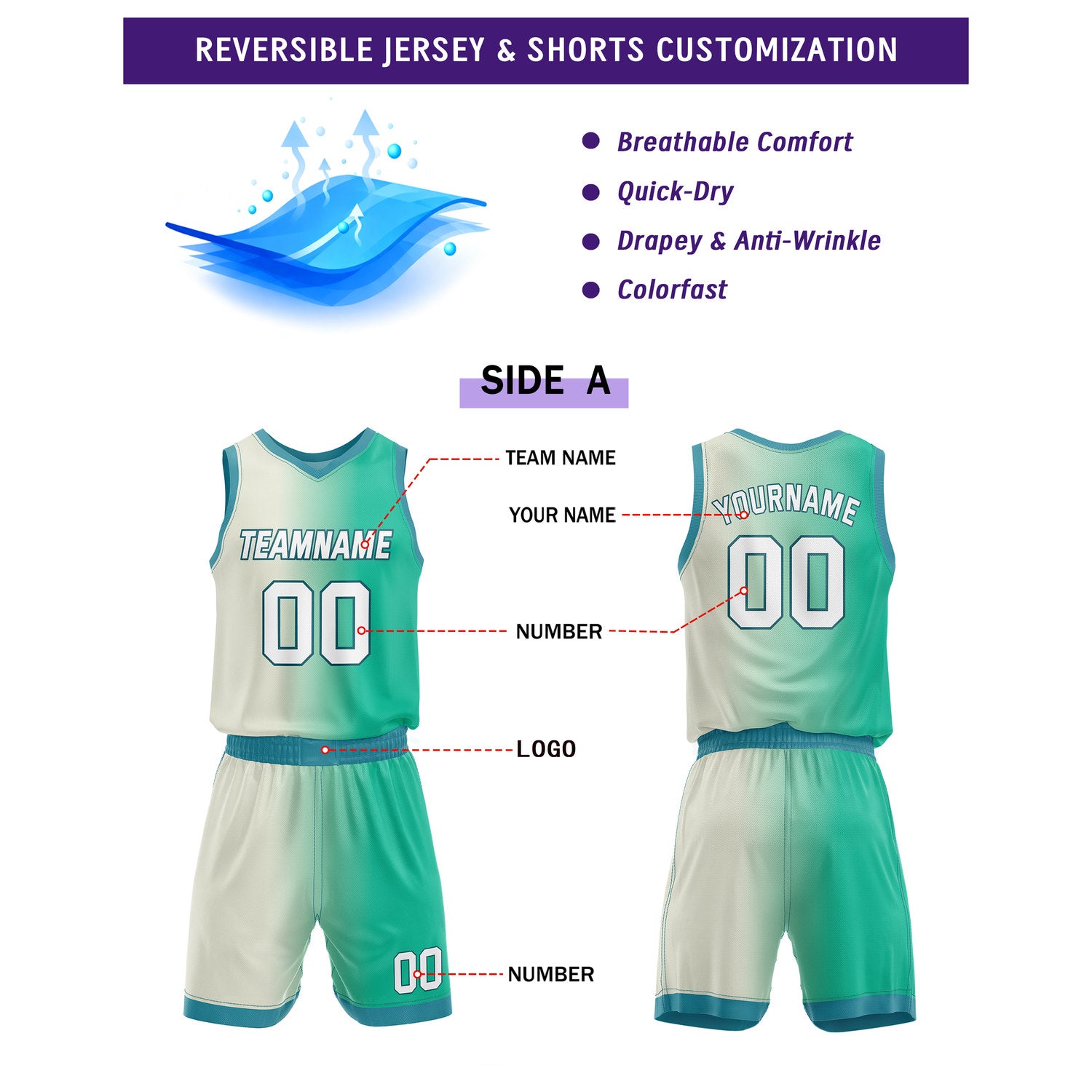 Custom Reversible Cream Green Blue Basketball Uniform Set | Team & Player Name - Vosoli