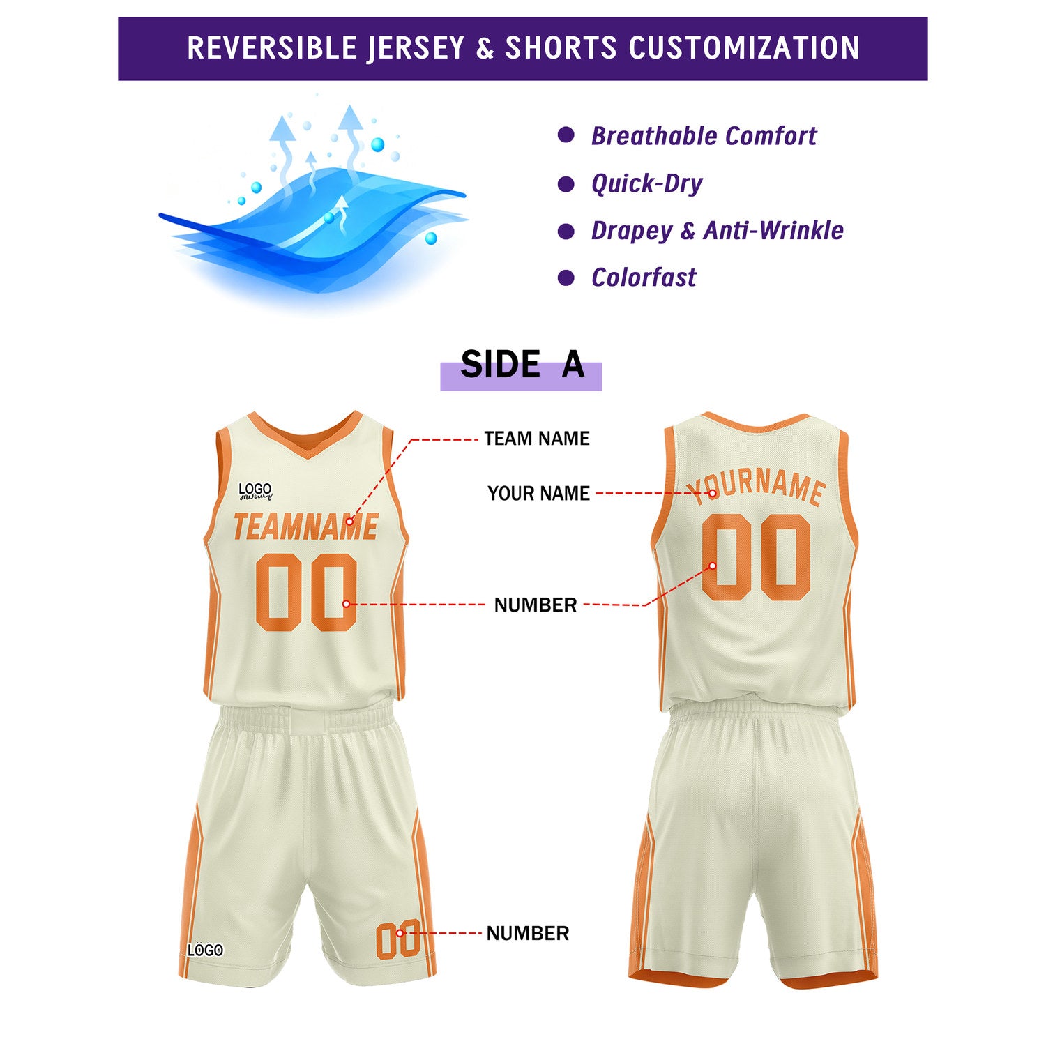 Custom Reversible Cream Orange Basketball Uniform Set | Personalized Name & Number - Vosoli