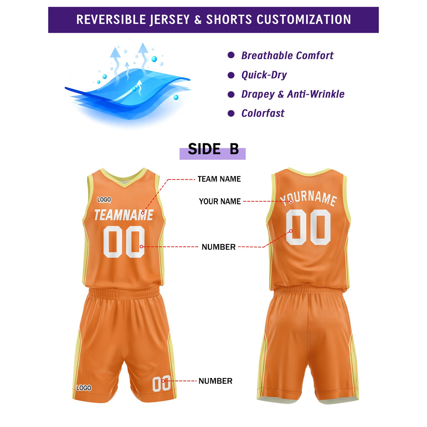 Custom Reversible Cream Orange Basketball Uniform Set | Personalized Name & Number - Vosoli