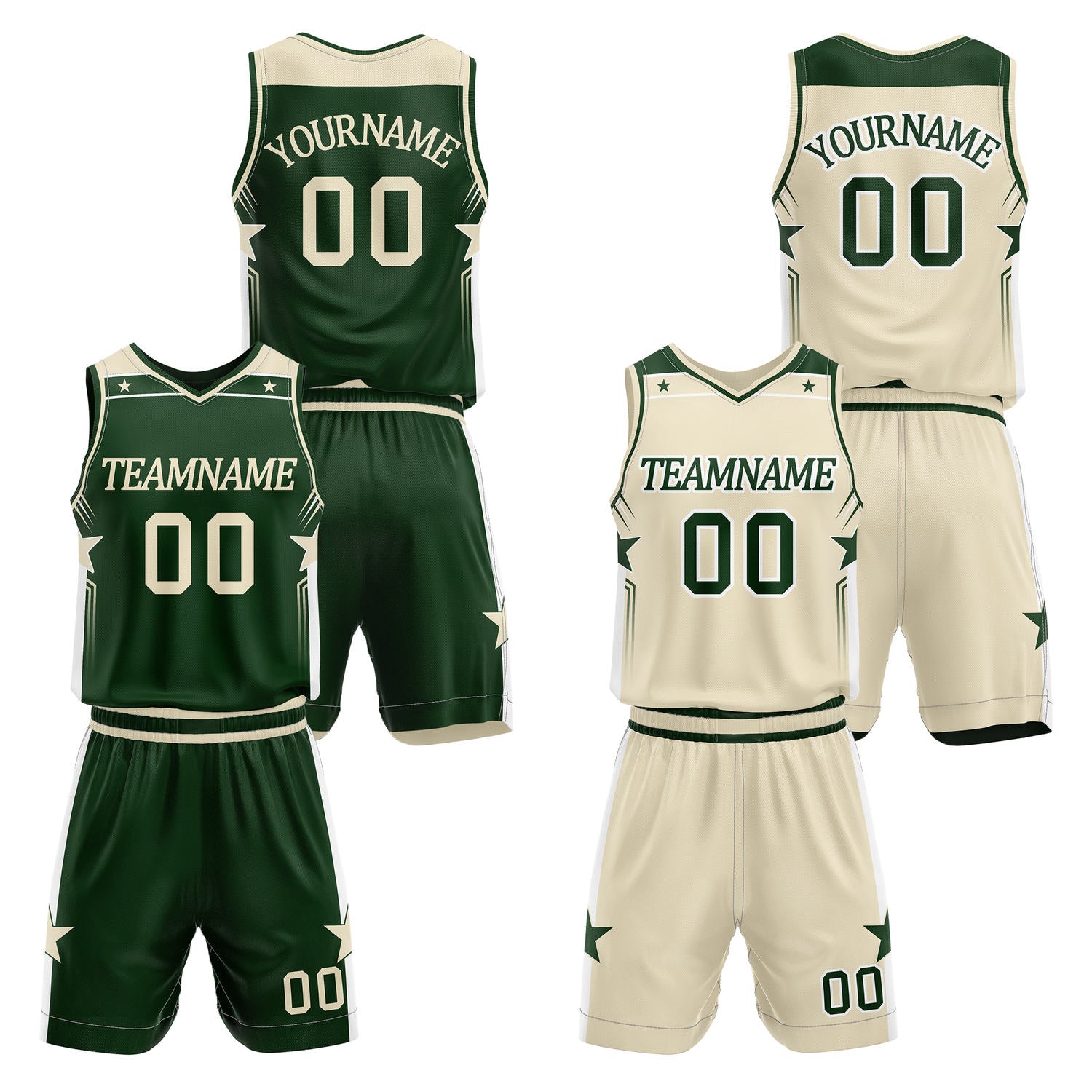Custom reversible dark green & beige basketball uniform set, personalized with team name number and logo, breathable mesh fabric for men women youth game practice - Vosoli