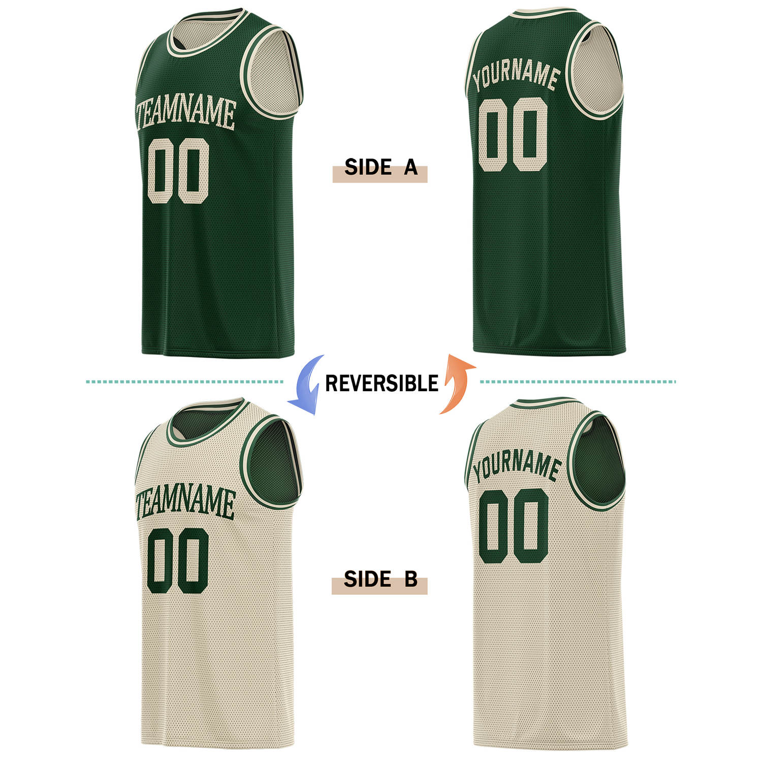 Custom Reversible Forest Green & Cream Basketball Jersey | Personalized for Team Sports - Vosoli