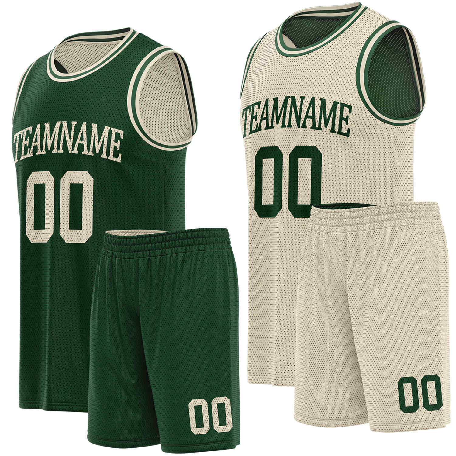 Custom reversible green & cream basketball uniform set, personalized team name number logo breathable mesh sports jersey and shorts for men women youth game practice - Vosoli