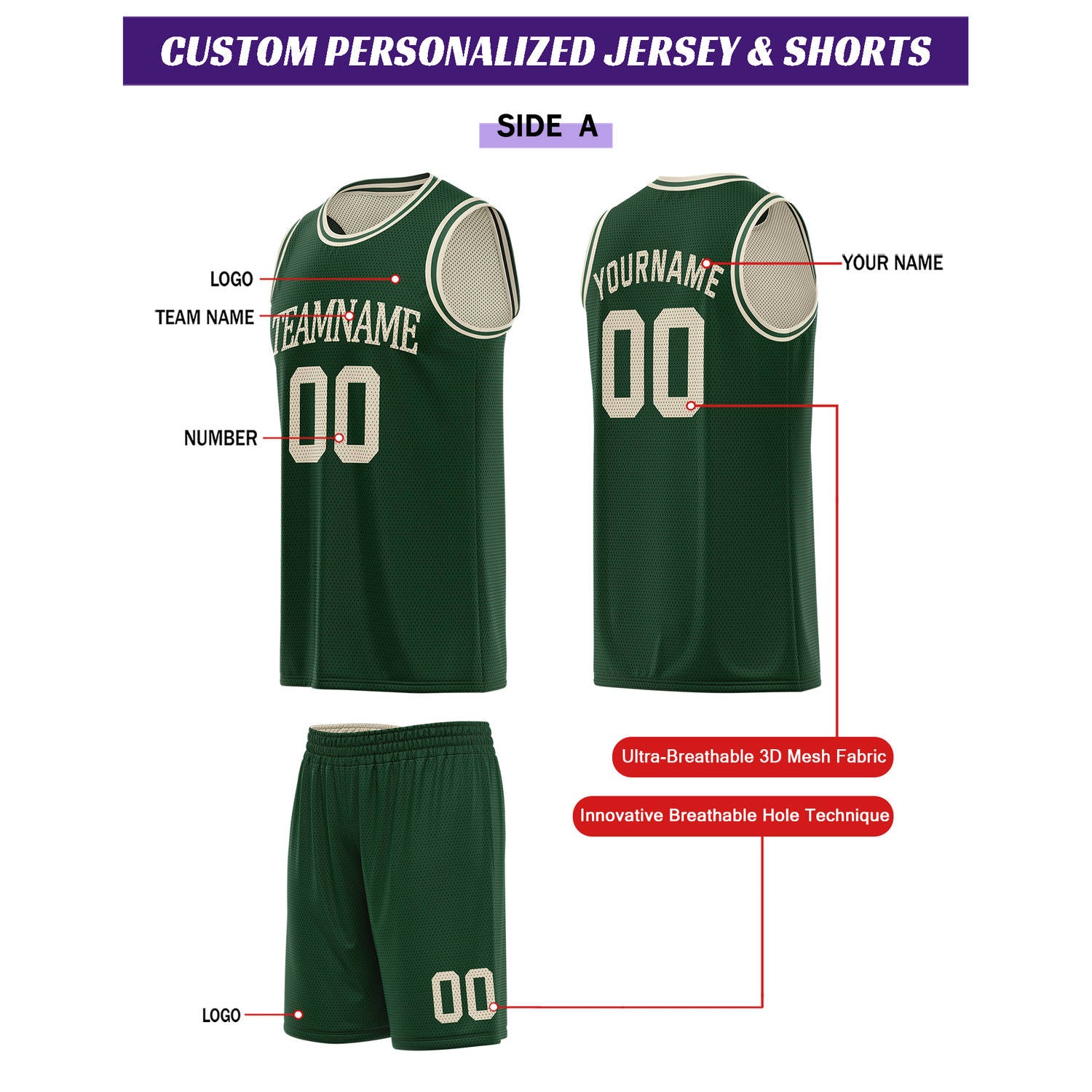 Custom Reversible Forest Green & Cream Basketball Uniform Set | Personalized for Team Sports Practice - Vosoli